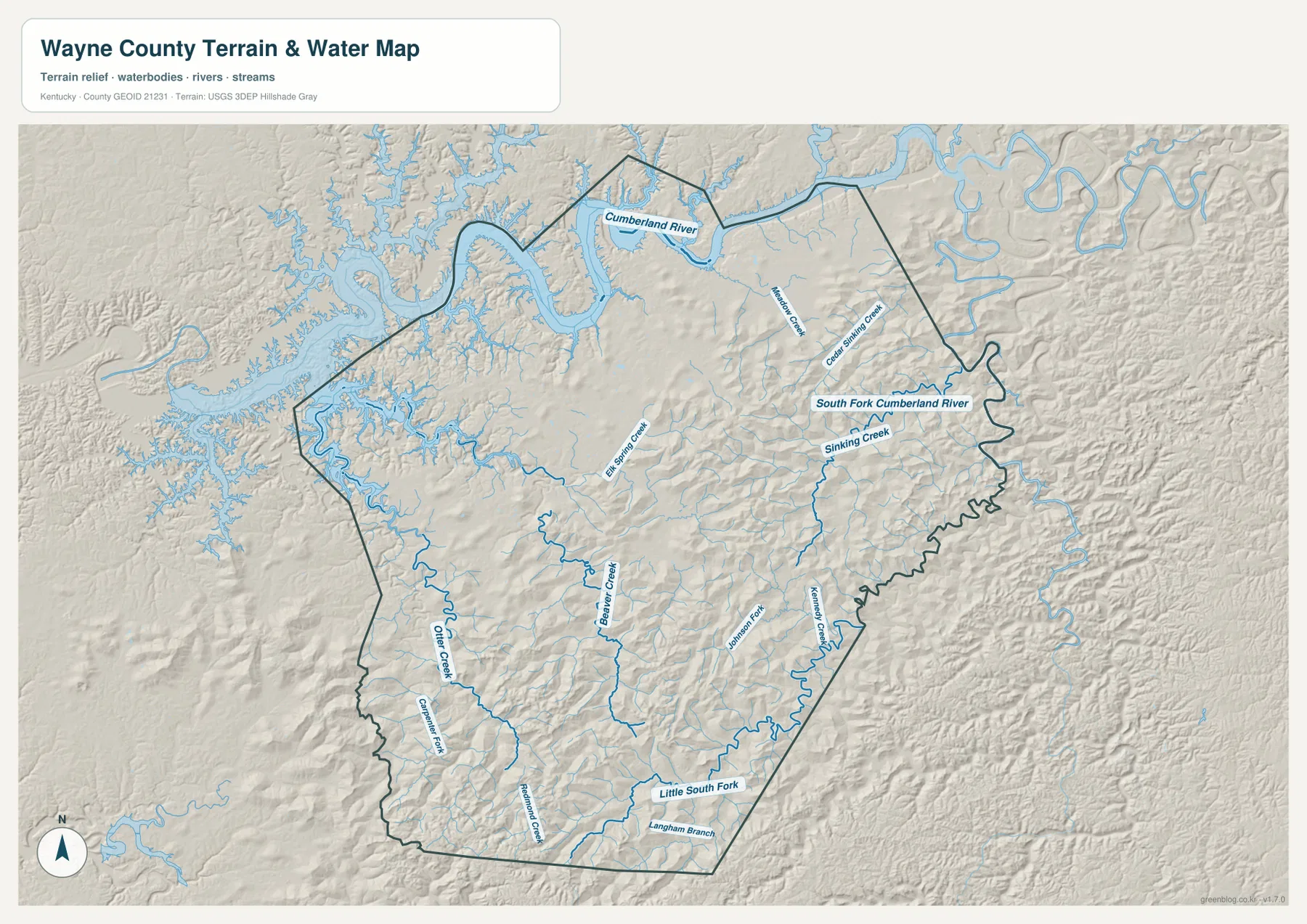 Wayne County terrain and water map showing Lake Cumberland, Cumberland River, South Fork Cumberland River, Sinking Creek, Beaver Creek, Elk Spring Creek, Little South Fork, and tributaries