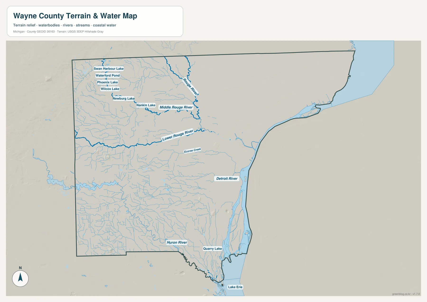 Wayne County water map showing the Rouge River branches, Detroit River, Huron River, Lake Erie, and named lakes in the western suburbs