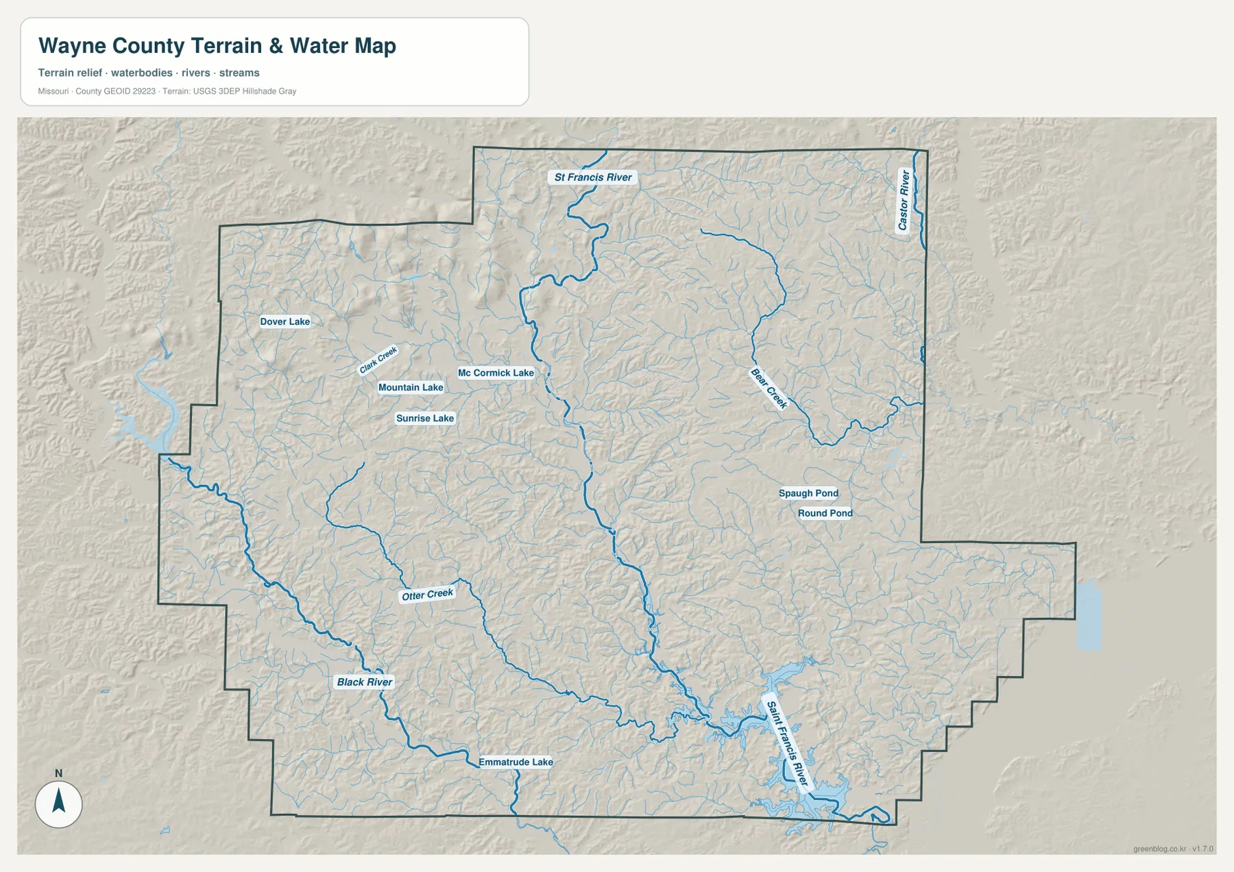 St. Francis River, Black River, Castor River, Bear Creek, Otter Creek와 Wappapello Lake 주변 수역을 표시한 Wayne County 지형 수역 지도