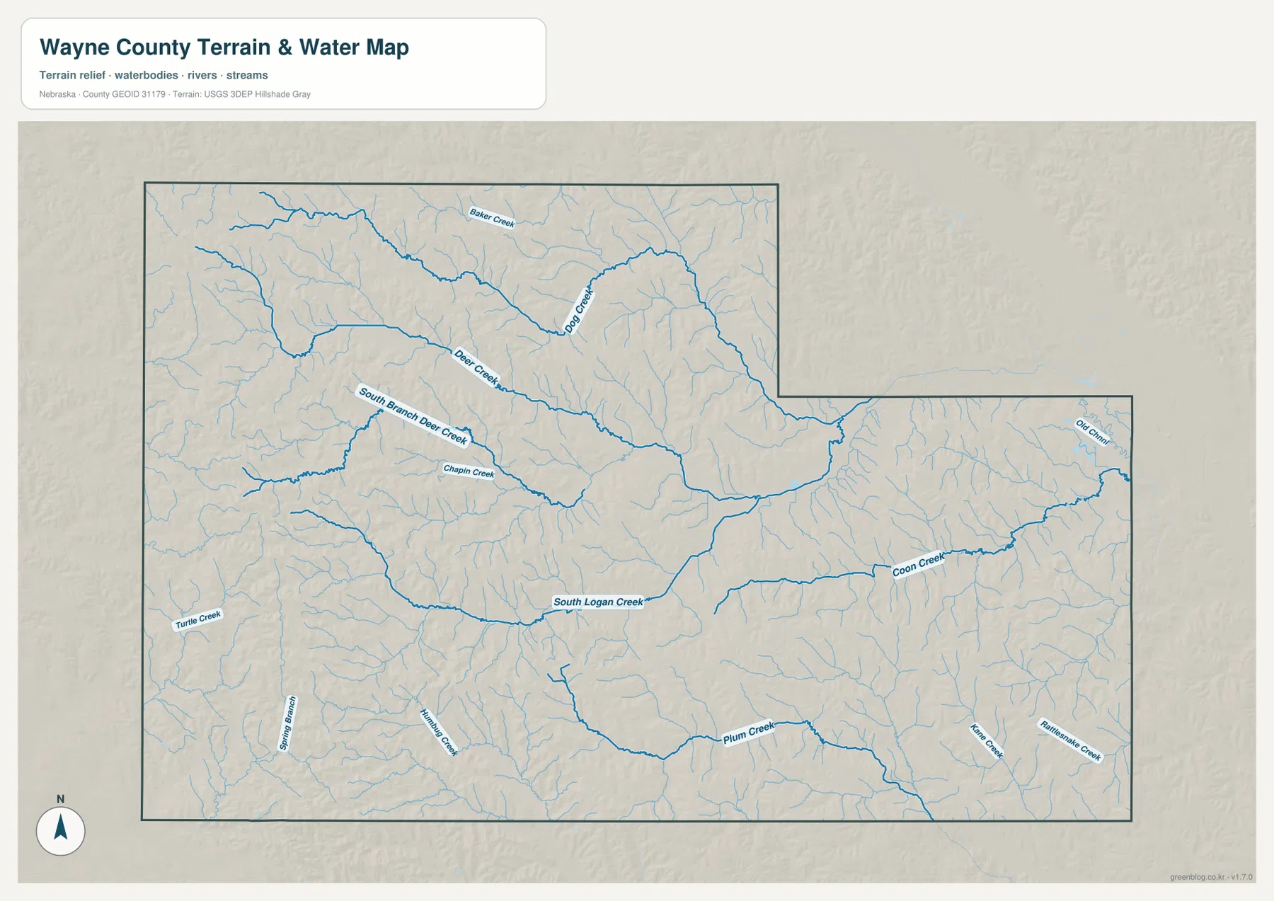 Deer Creek, South Branch Deer Creek, South Logan Creek, Coon Creek, Plum Creek를 표시한 Wayne County 물길 지도