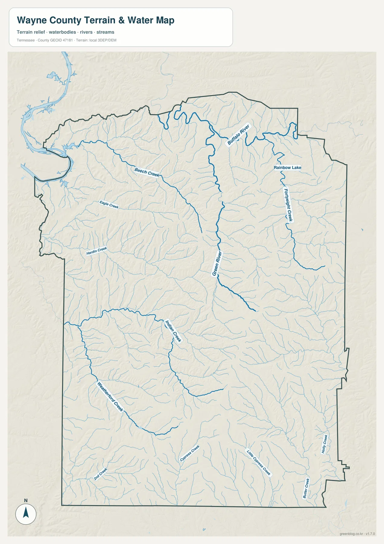 Wayne County water map showing Tennessee River, Buffalo River, Green River, Beech Creek, Indian Creek, and other tributaries