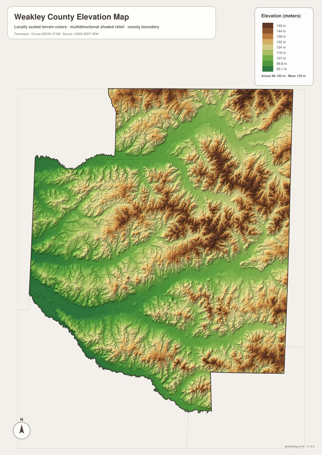 Weakley County Tennessee elevation map showing Obion River valleys and rolling terrain from about 88 to 182 meters
