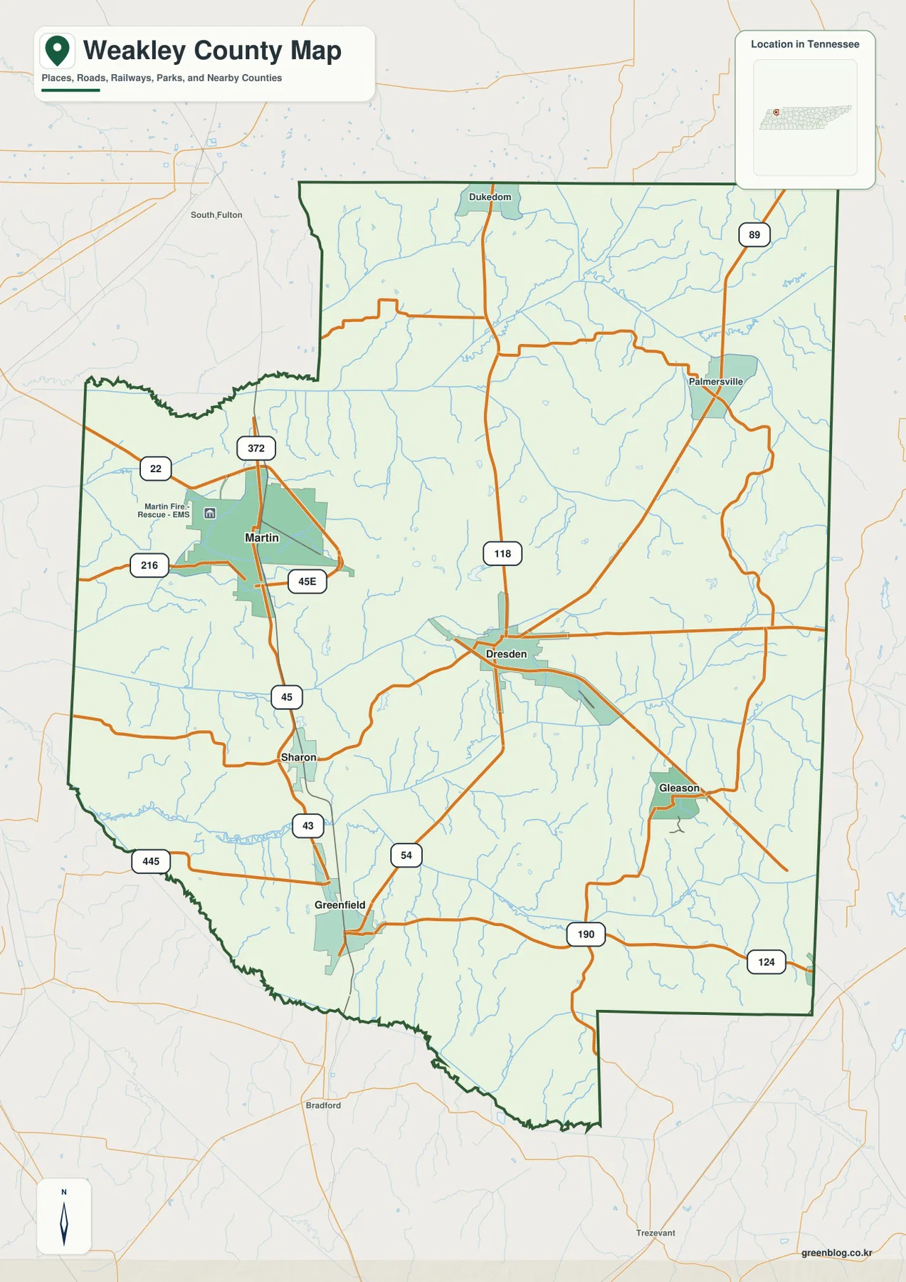 Weakley County Tennessee map showing Martin, Dresden, Sharon, Greenfield, Gleason, Dukedom, Palmersville, and major roads