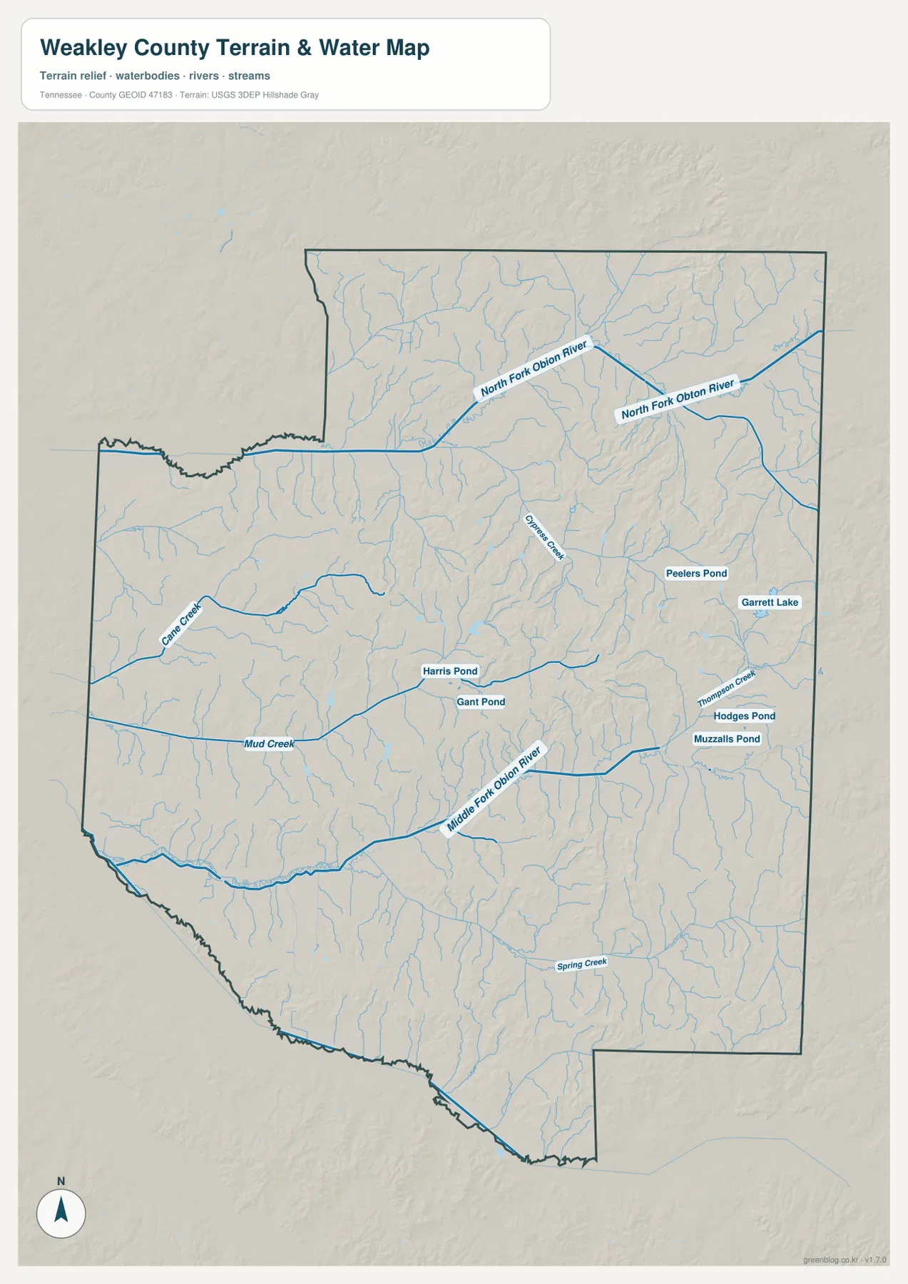 Weakley County water map showing North Fork Obion River, Middle Fork Obion River, Cane Creek, Mud Creek, Cypress Creek, and ponds