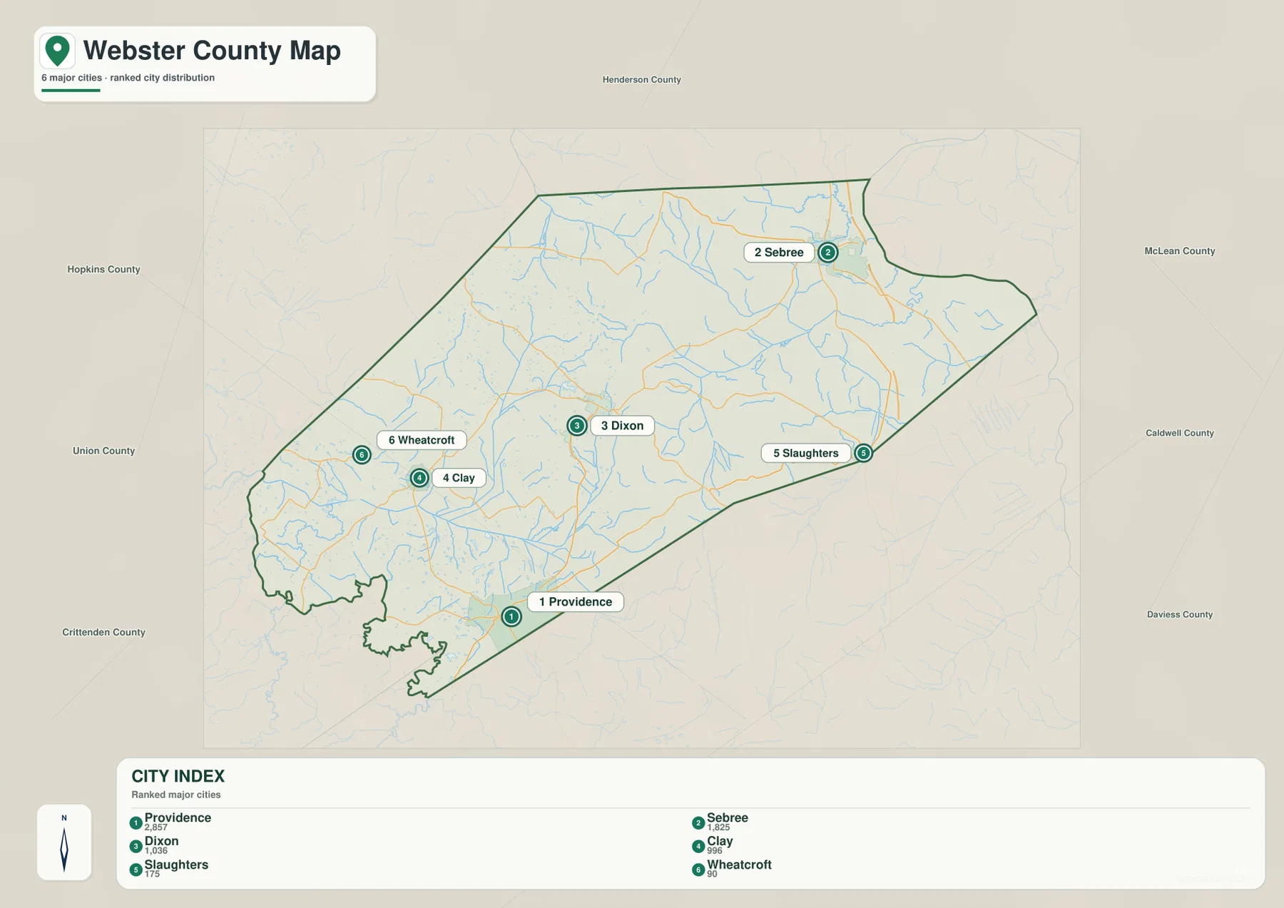 Webster County city distribution map showing Providence, Sebree, Dixon, Clay, Slaughters, and Wheatcroft