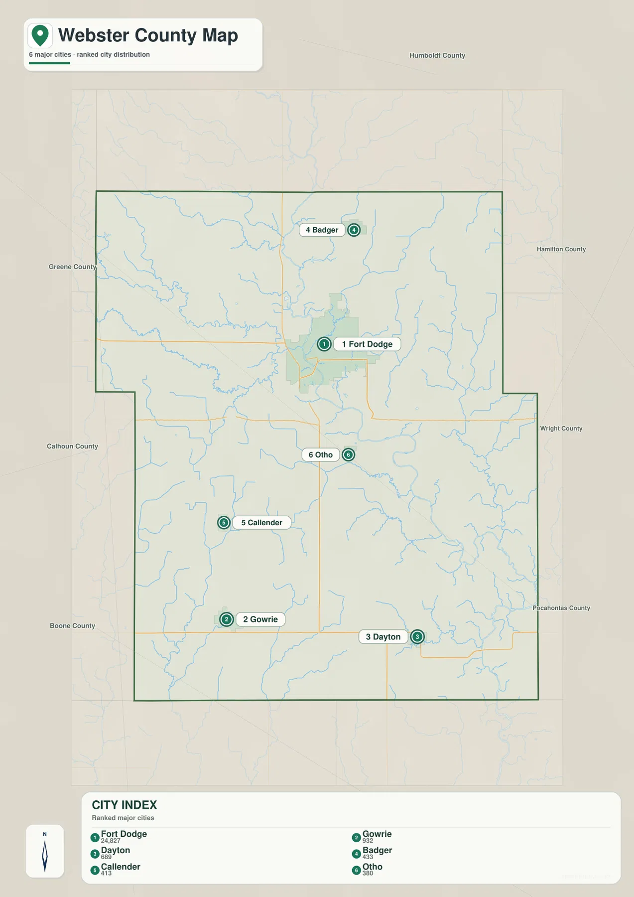 Webster County의 Fort Dodge, Gowrie, Dayton, Badger, Callender, Otho 주요 도시 분포 지도