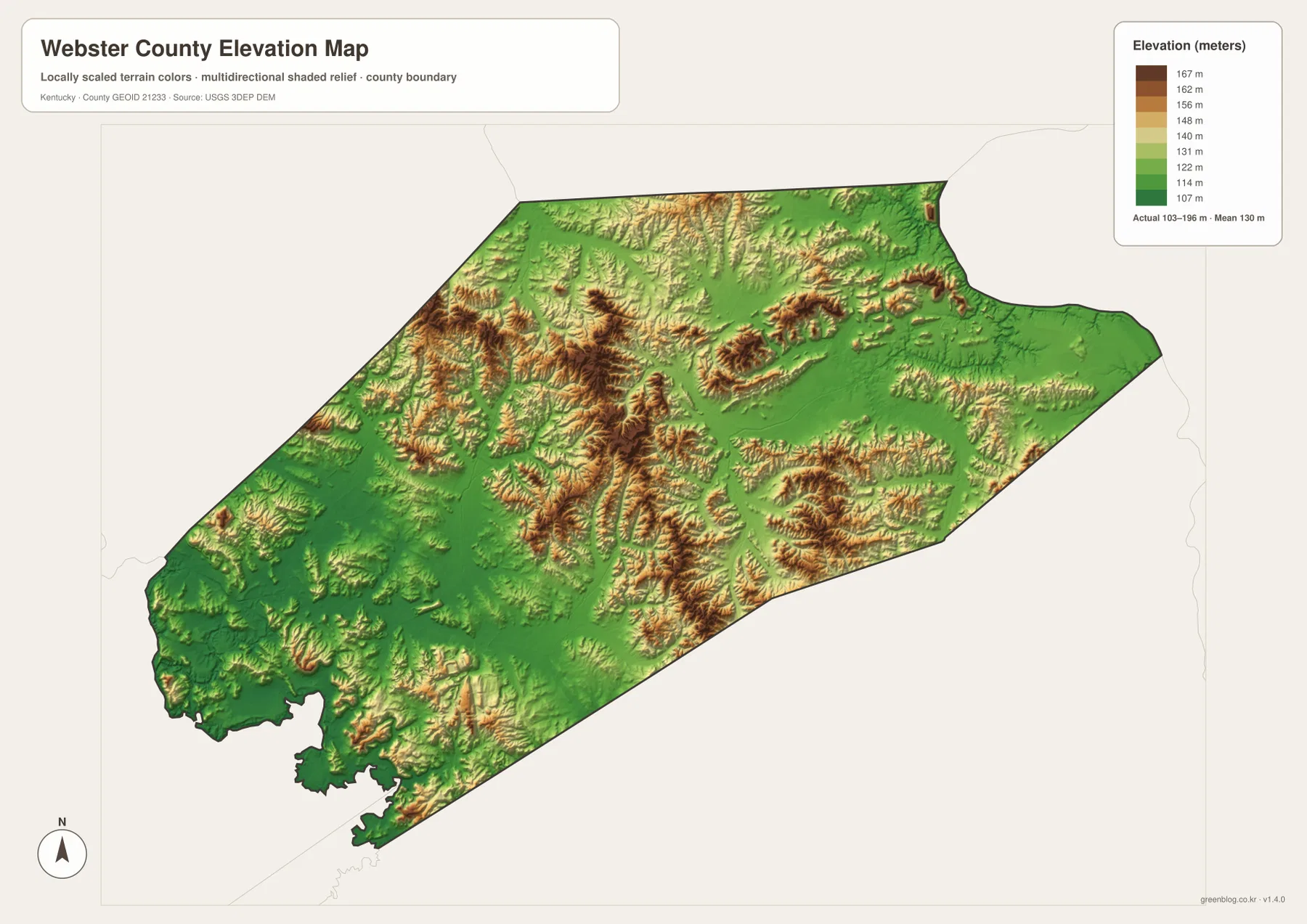 Webster County elevation map showing an actual range of about 103 to 196 meters and a mean near 130 meters