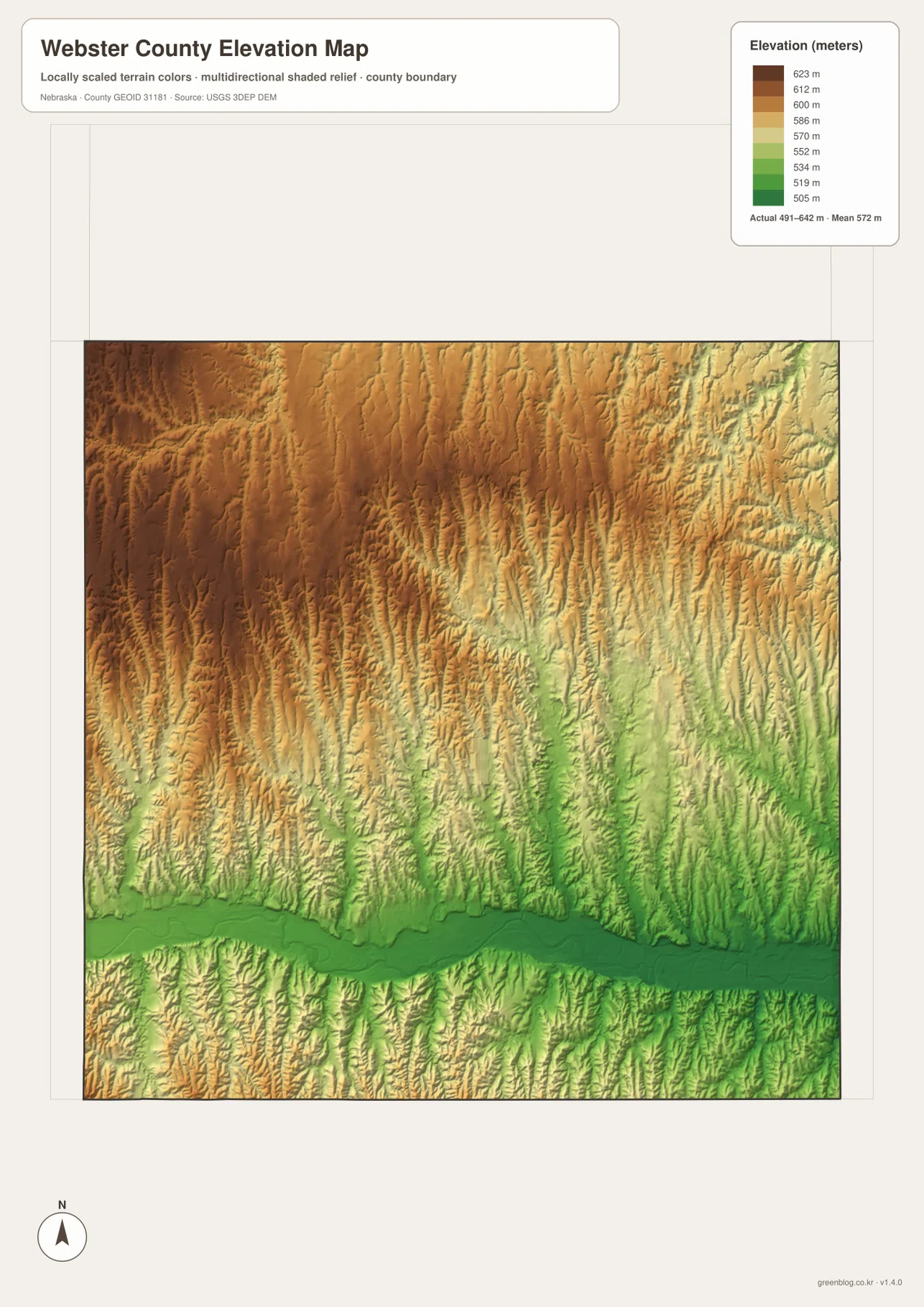 Webster County elevation map showing higher northwestern uplands and the lower Republican River valley
