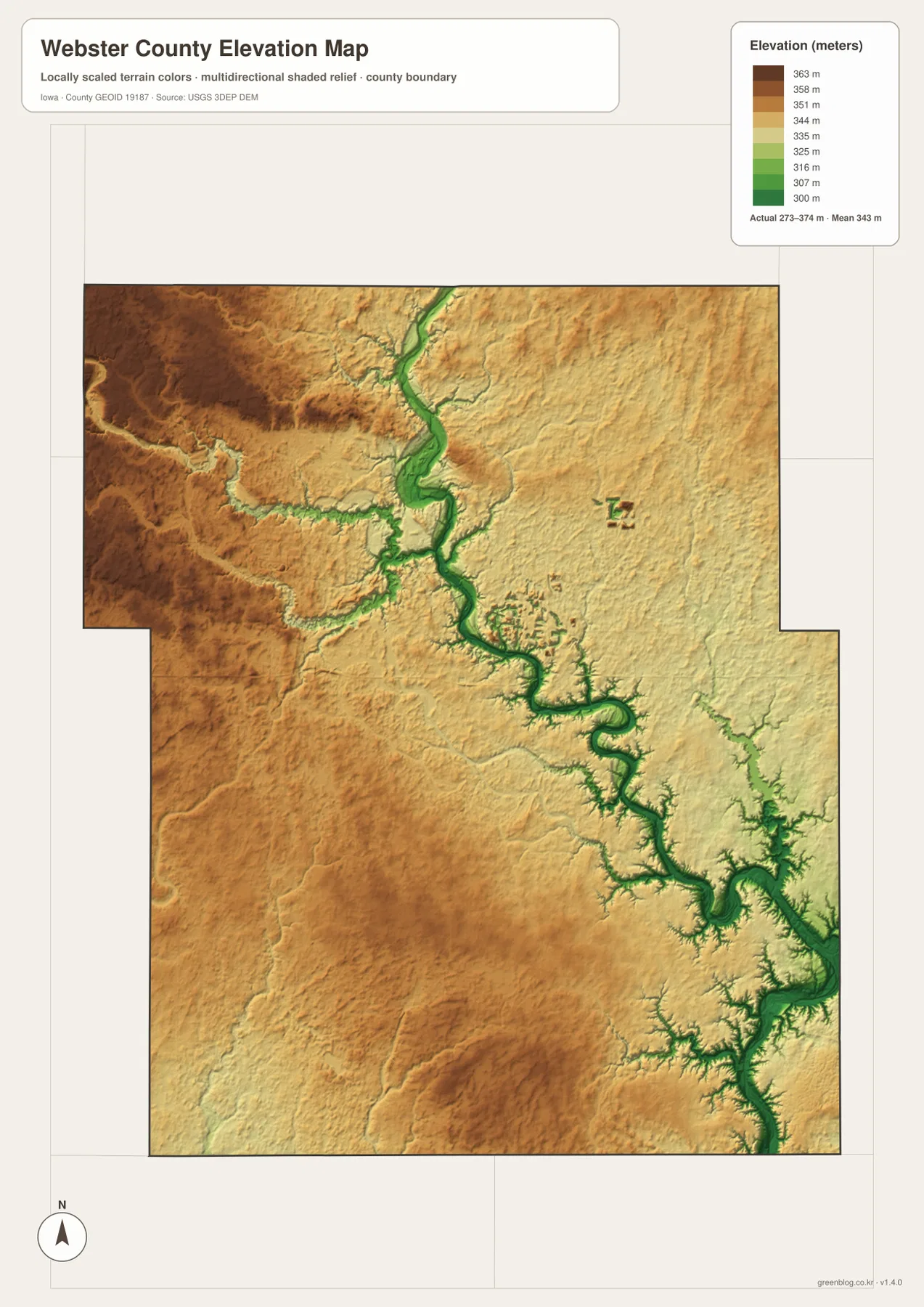 Webster County의 약 273~374m 고도 범위와 Des Moines River 저지, 서부 고지를 보여 주는 고도 지도