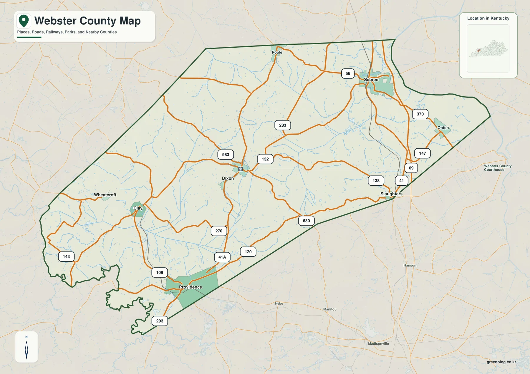 Webster County Kentucky road map showing Providence, Dixon, Sebree, Clay, Slaughters, Wheatcroft, US 41A, KY 56, 120, 132, 283, and 370