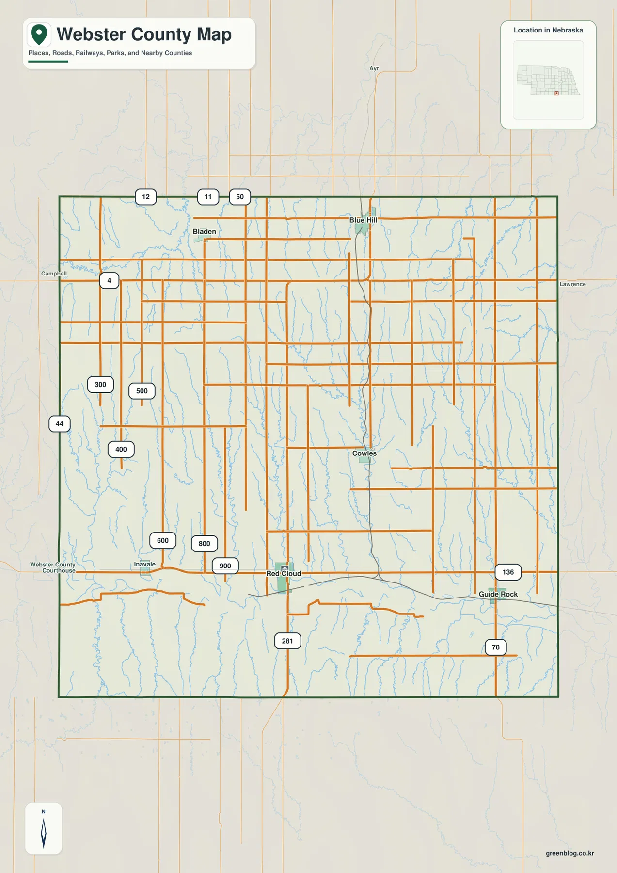 Webster County Nebraska map showing Red Cloud, Guide Rock, Blue Hill, Bladen, Cowles and major roads