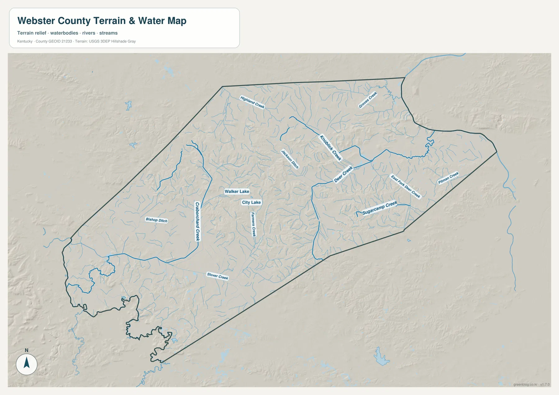 Webster County terrain and water map showing Deer Creek, East Fork Deer Creek, Knoblick Creek, Pitman Creek, Sugarcamp Creek, Crab Orchard Creek, Slover Creek, Walker Lake, and City Lake
