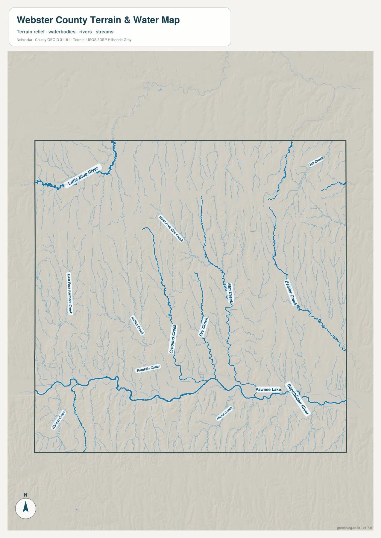 Webster County water map showing the Republican River, Little Blue River, Elm Creek, Beaver Creek and Dry Creek