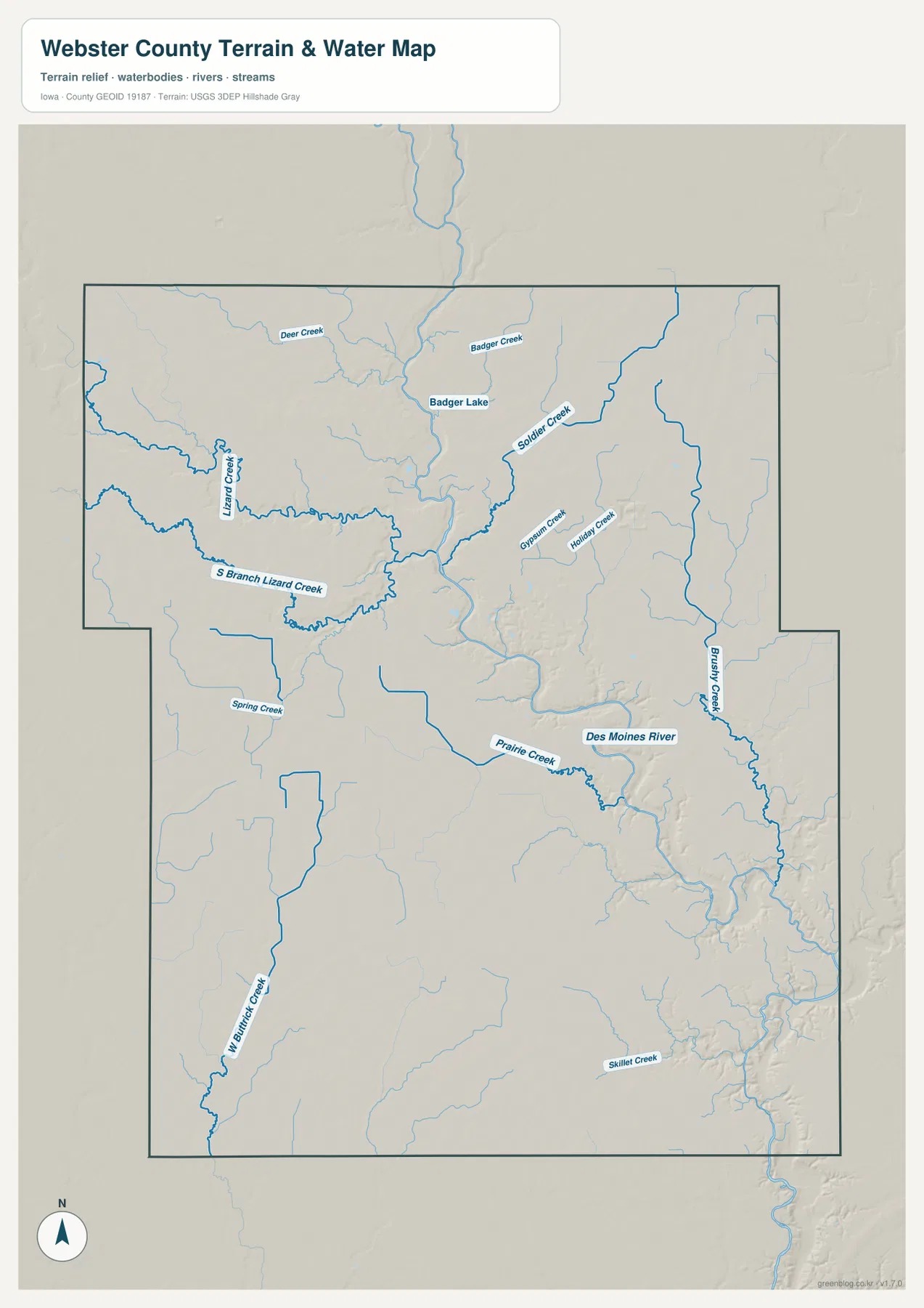 Webster County의 Des Moines River, Lizard Creek, Soldier Creek, Prairie Creek, Brushy Creek을 표시한 수역 지도