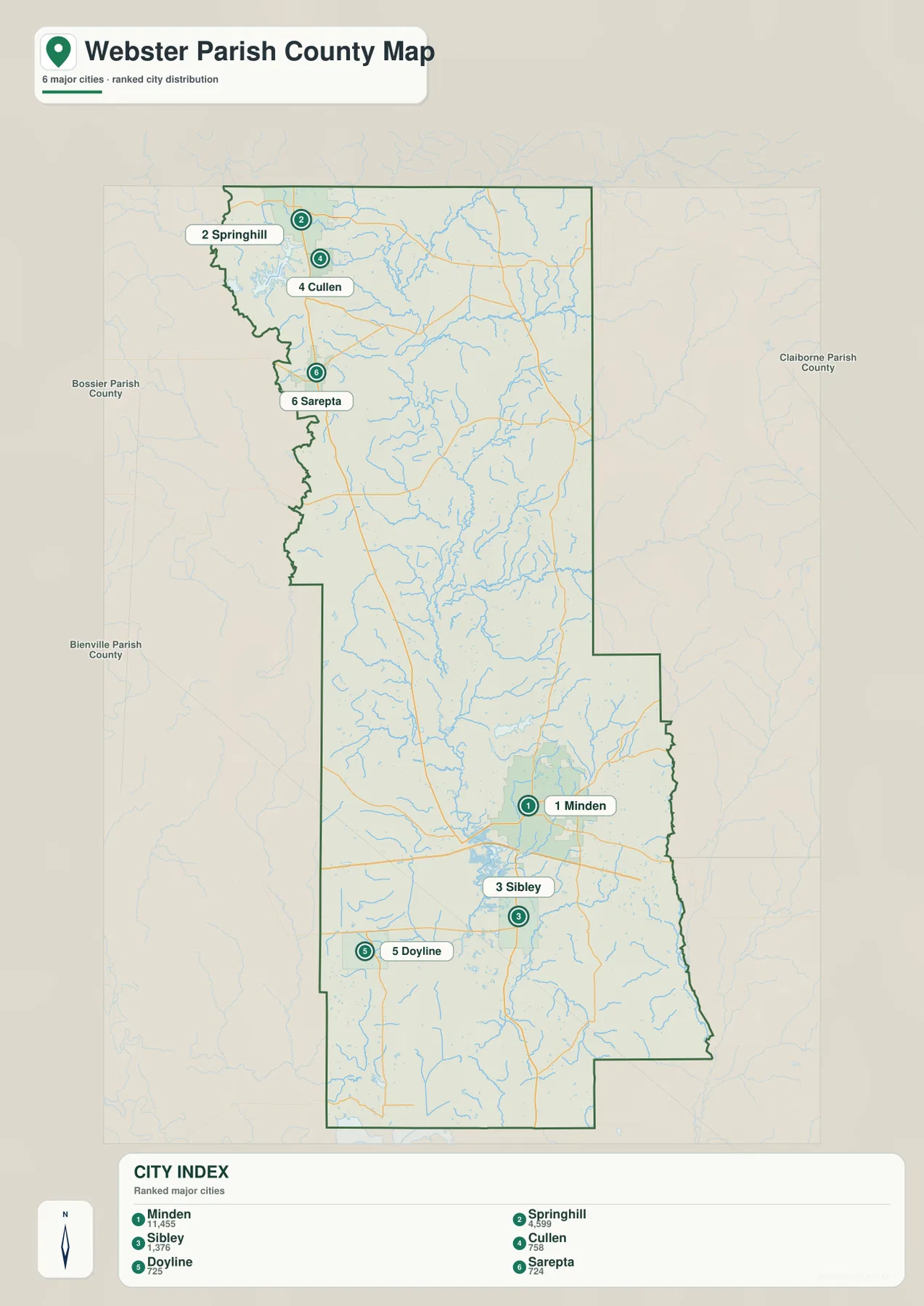 Webster Parish ranked city map showing Minden, Springhill, Sibley, Cullen, Doyline, and Sarepta
