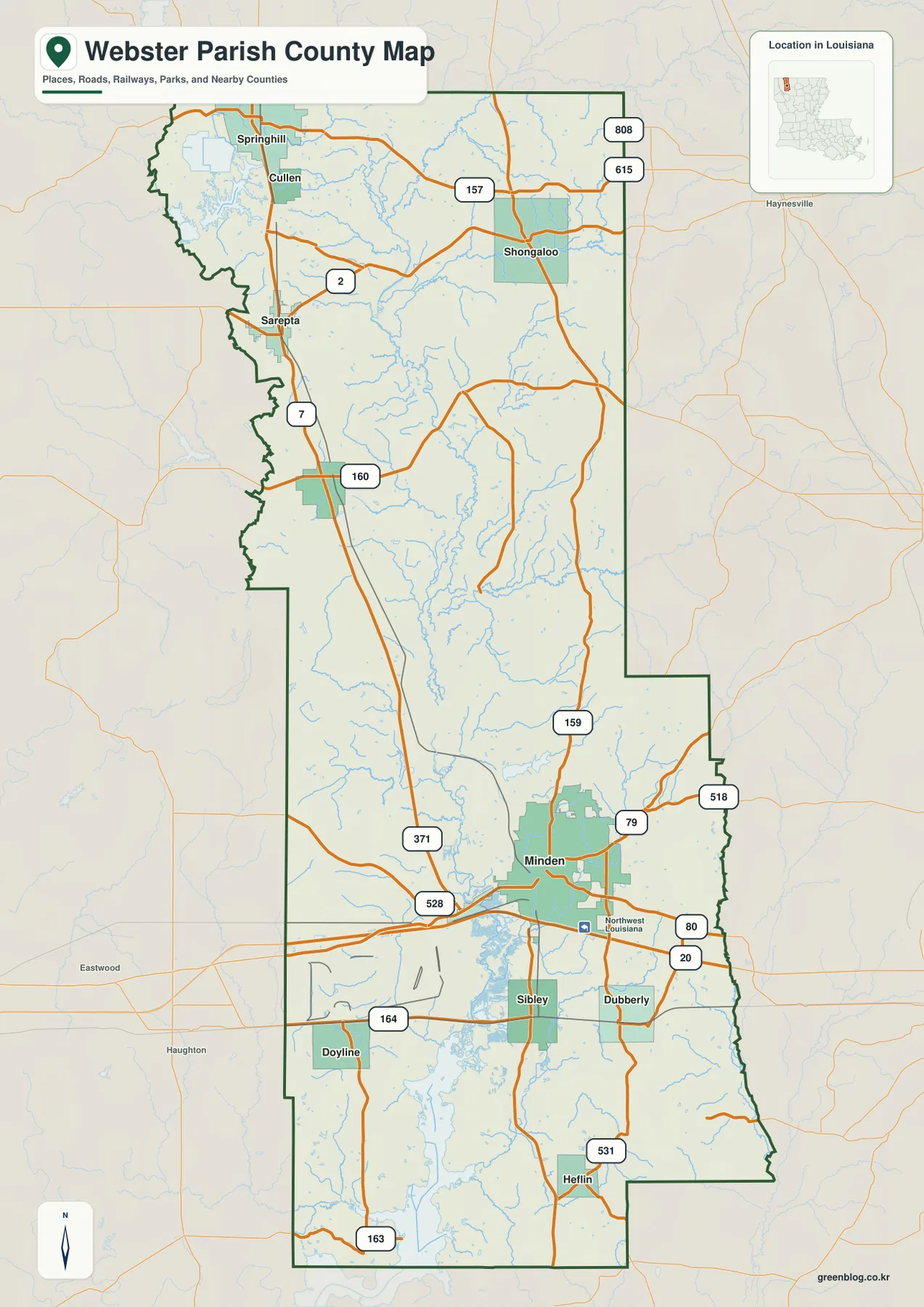 Webster Parish map showing Minden, Springhill, Cullen, Sarepta, Sibley, Doyline, U.S. 80, I-20, LA 7, and other major roads