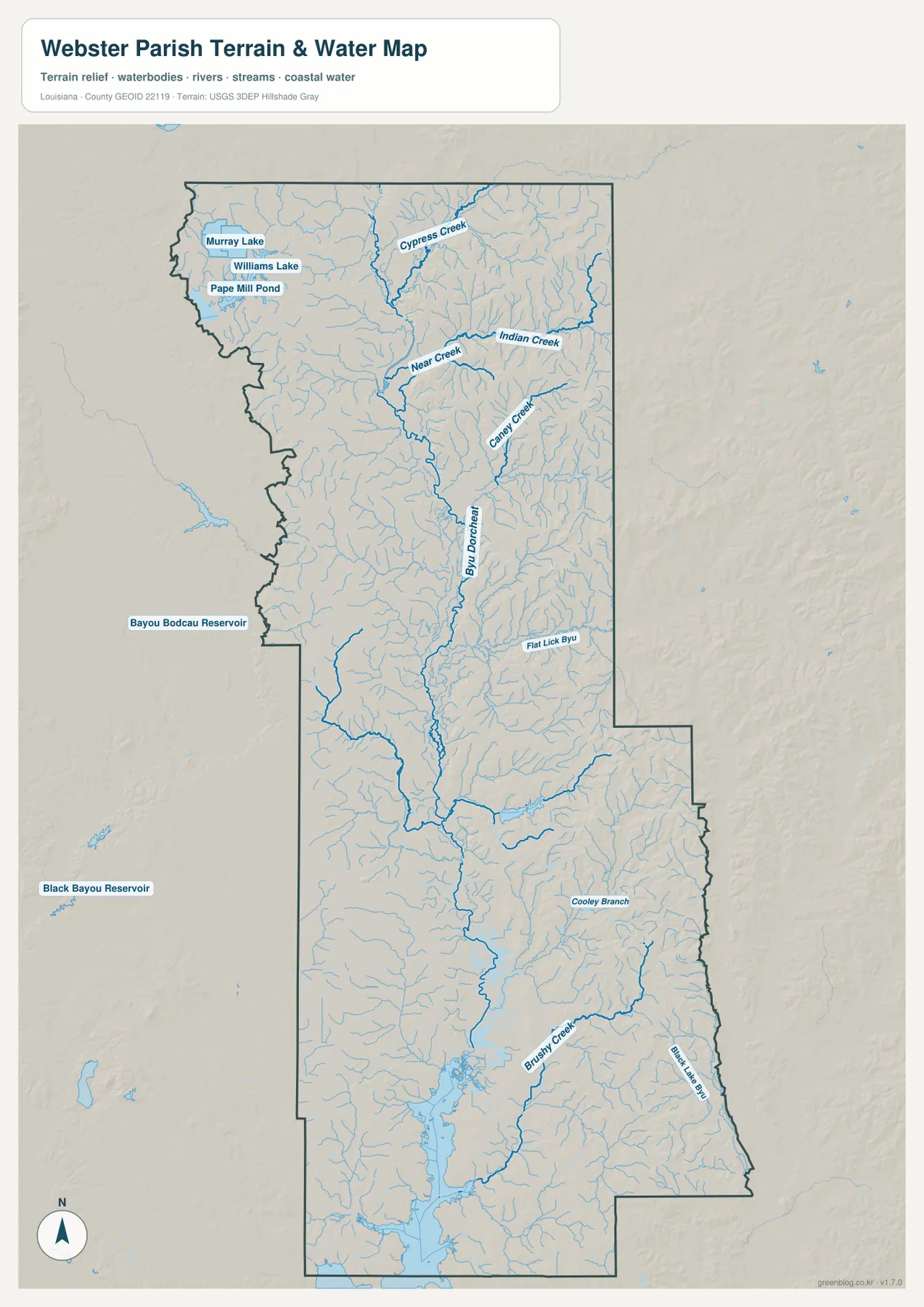 Webster Parish water map showing Bayou Dorcheat, Cypress Creek, Indian Creek, Caney Creek, Brushy Creek, Murray Lake, Williams Lake, and Pape Mill Pond