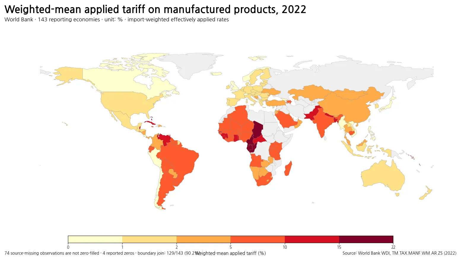 World map of weighted-mean applied tariffs on manufactured products in 2022