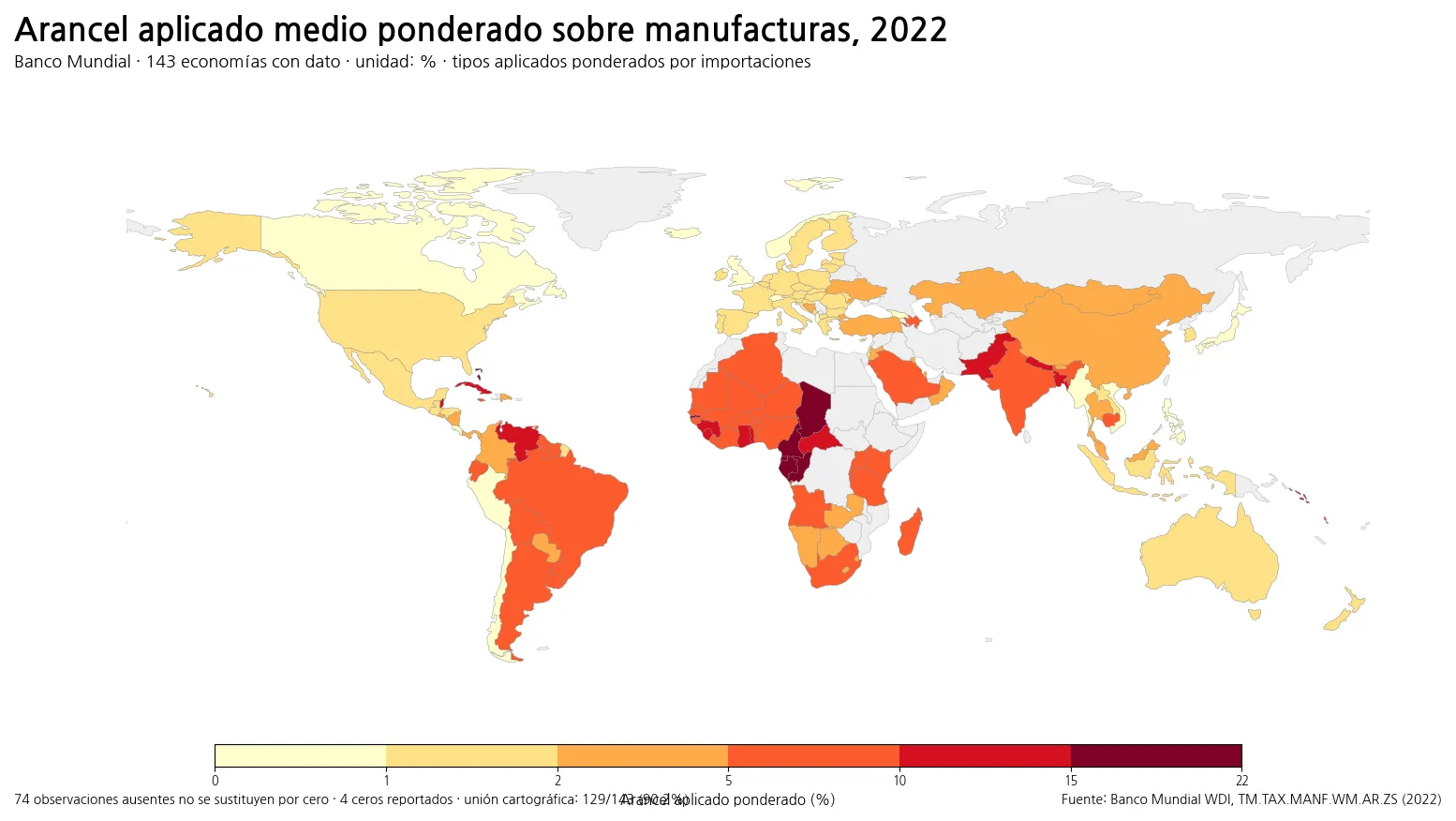 Mapa mundial del arancel aplicado medio ponderado sobre productos manufacturados en 2022