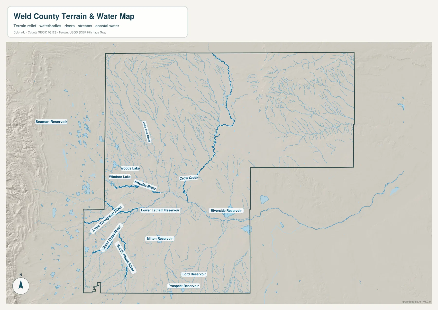 Weld County의 Poudre River, South Platte River, Saint Vrain River, Crow Creek와 여러 저수지를 보여 주는 수역 지도
