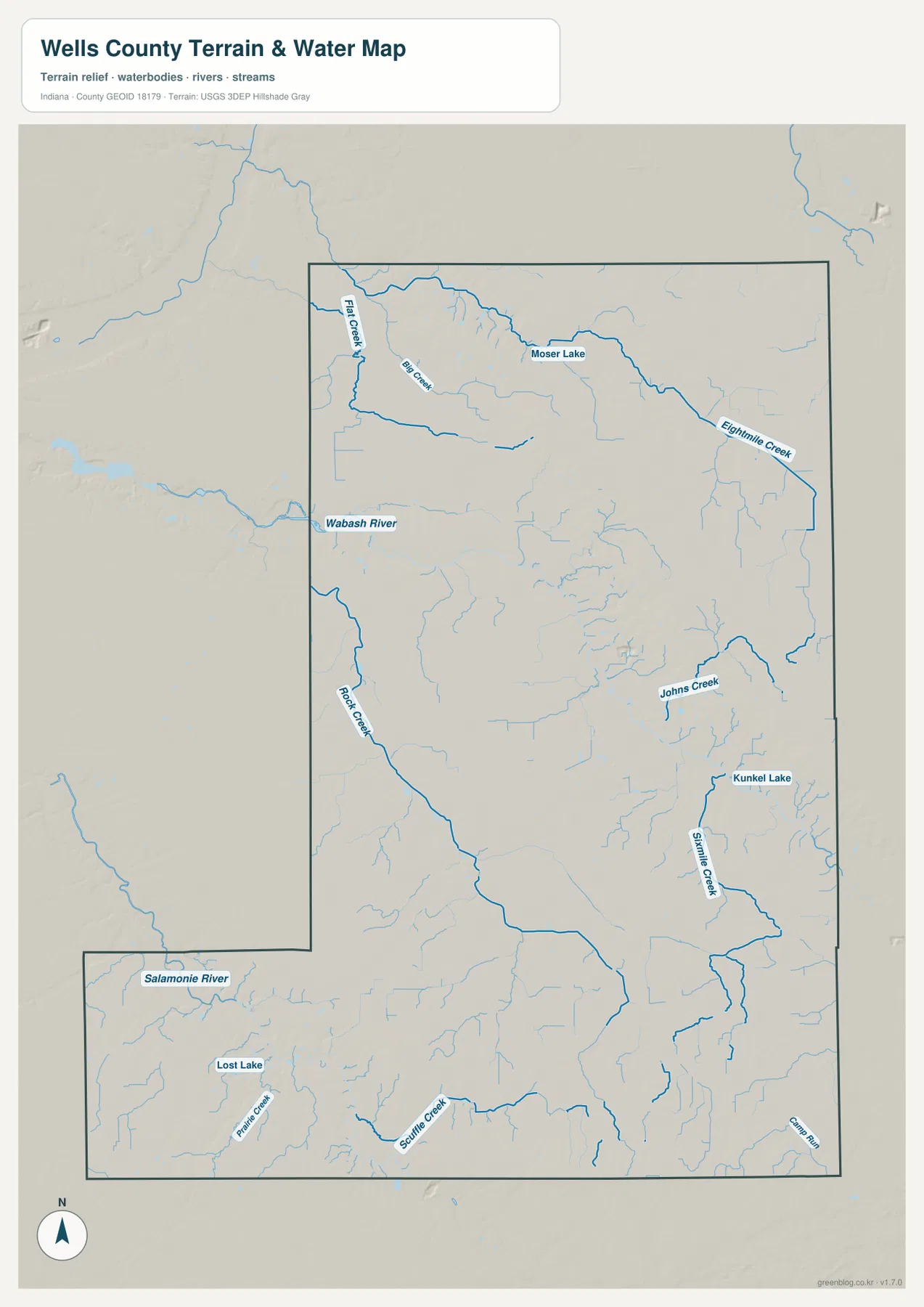 Wells County 수역 지도에 Wabash River, Flat Creek, Big Creek, Eightmile Creek, Rock Creek, Johns Creek, Sixmile Creek, Salamonie River와 여러 호수가 표시된 모습
