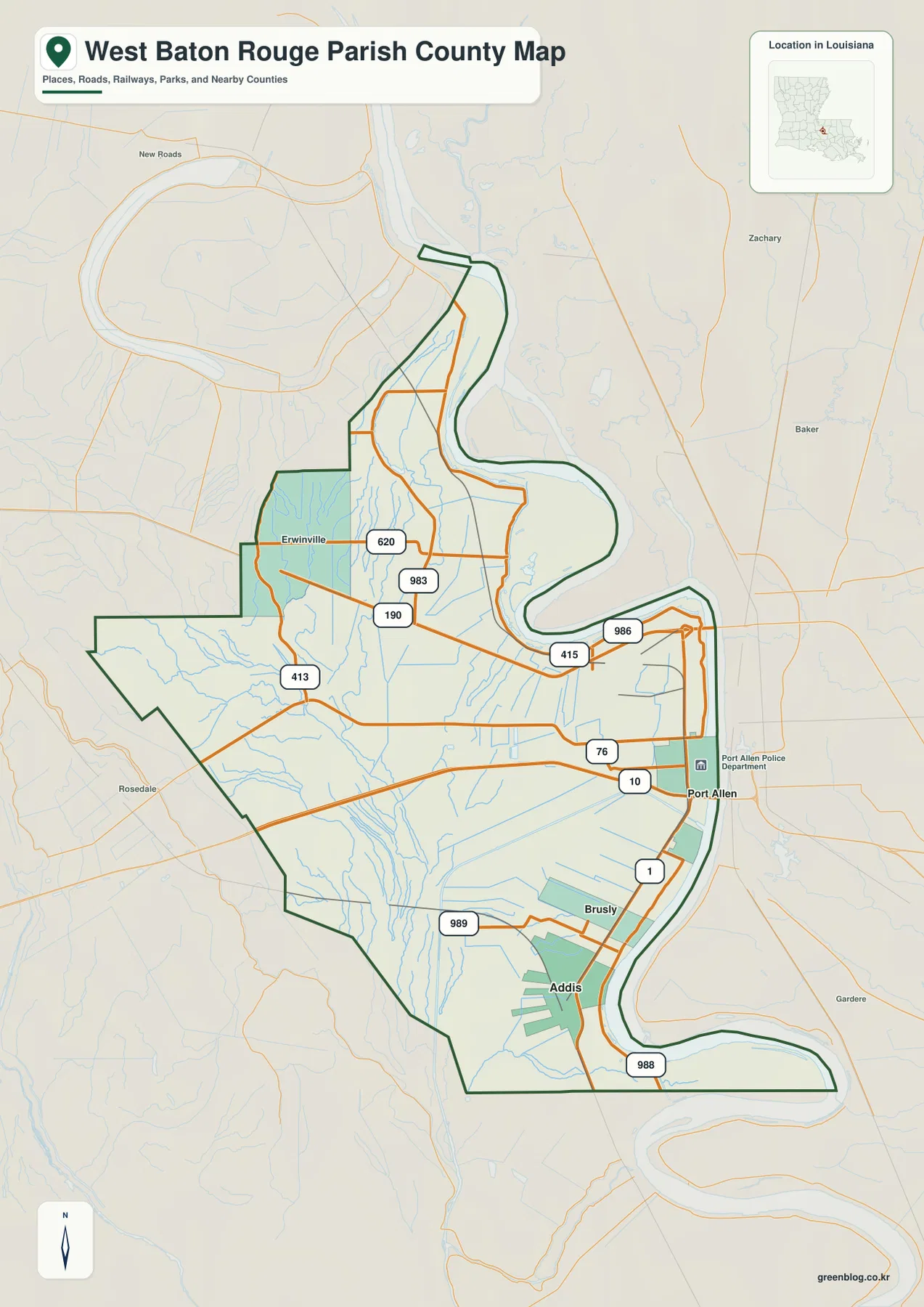 Port Allen, Brusly, Addis, Erwinville과 U.S. 190, I-10, LA 1, LA 415 등 주요 도로를 보여 주는 웨스트배턴루지 패리시 지도