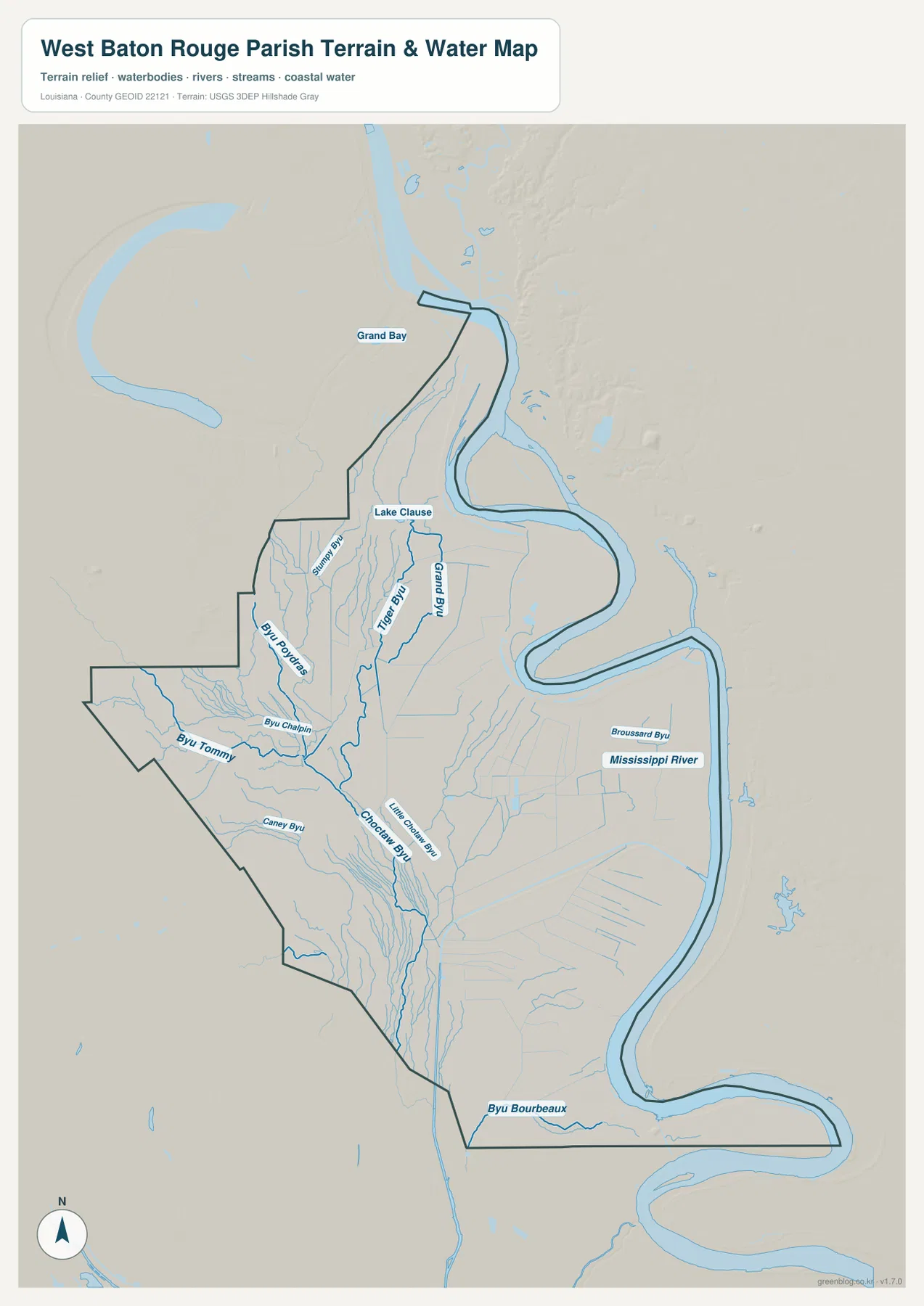 Mississippi River, Choctaw Bayou, Little Choctaw Bayou, Tiger Bayou, Grand Bayou, Bayou Poydras, Caney Bayou를 보여 주는 West Baton Rouge Parish 수역 지도