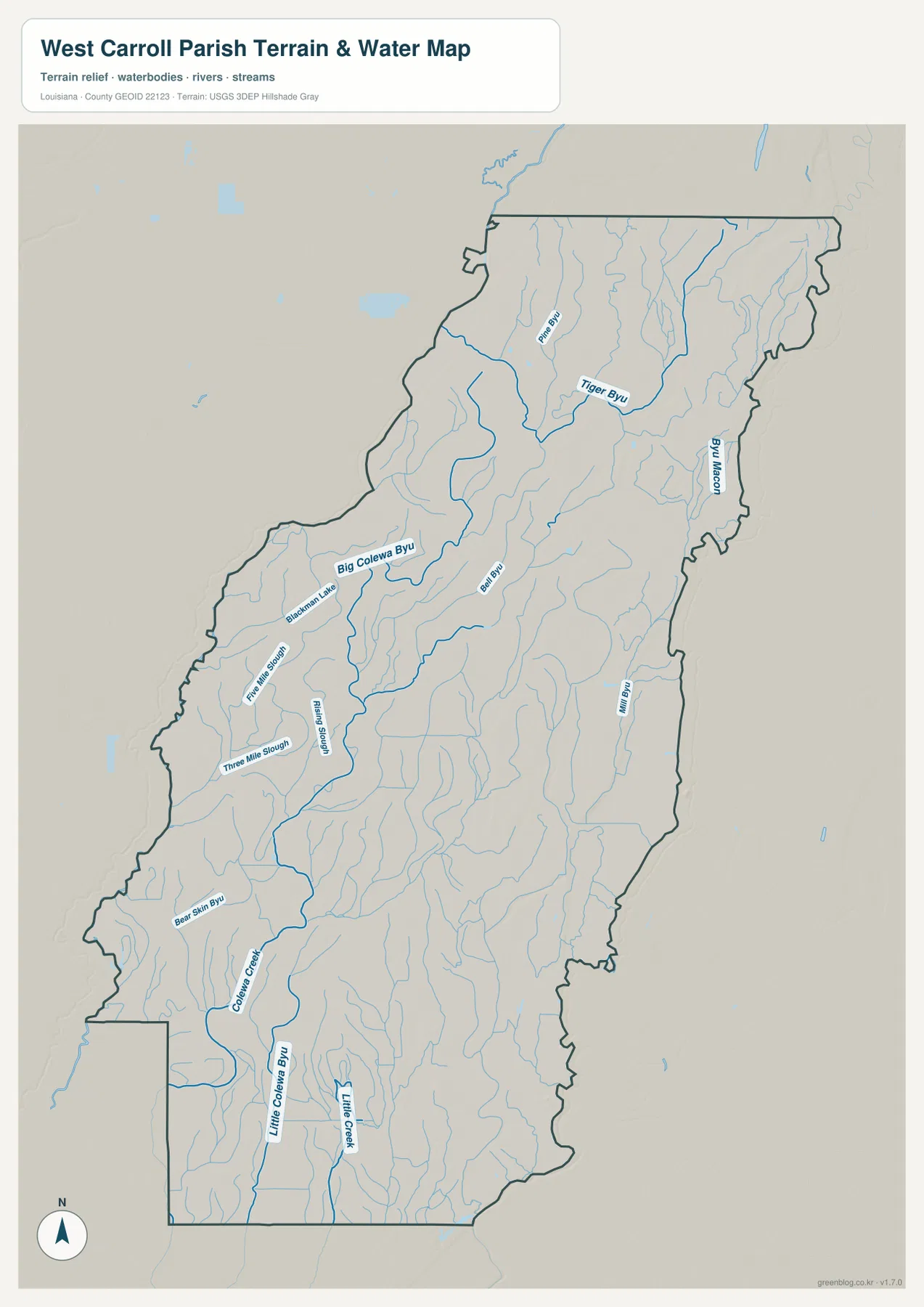 Bayou Macon, Tiger Bayou, Big Colewa Bayou, Fishing Slough, Three Mile Slough, Bear Skin Bayou, Colewa Creek, Little Colewa Bayou를 보여 주는 West Carroll Parish 수역 지도