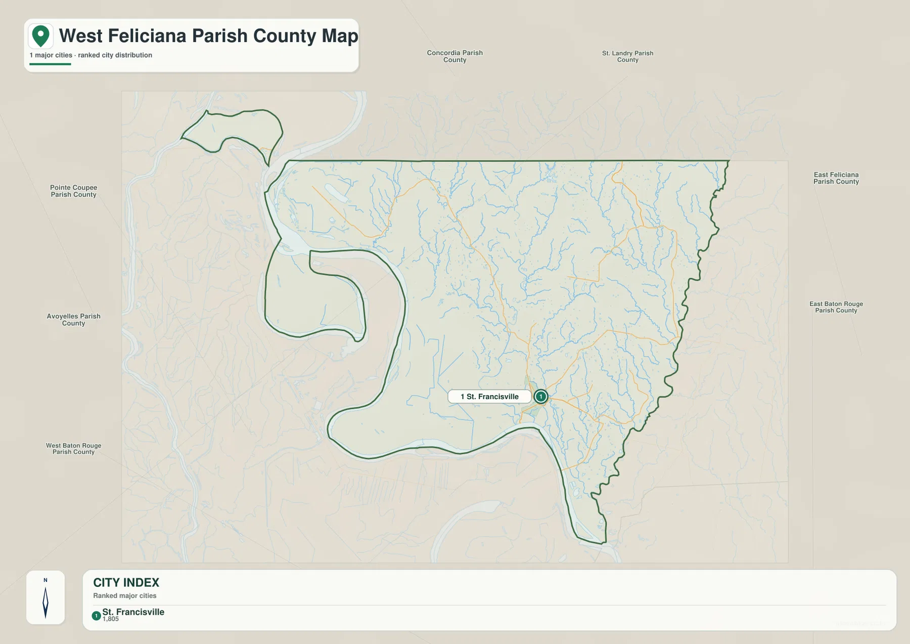 West Feliciana Parish ranked city map showing St. Francisville as the number 1 selected major city