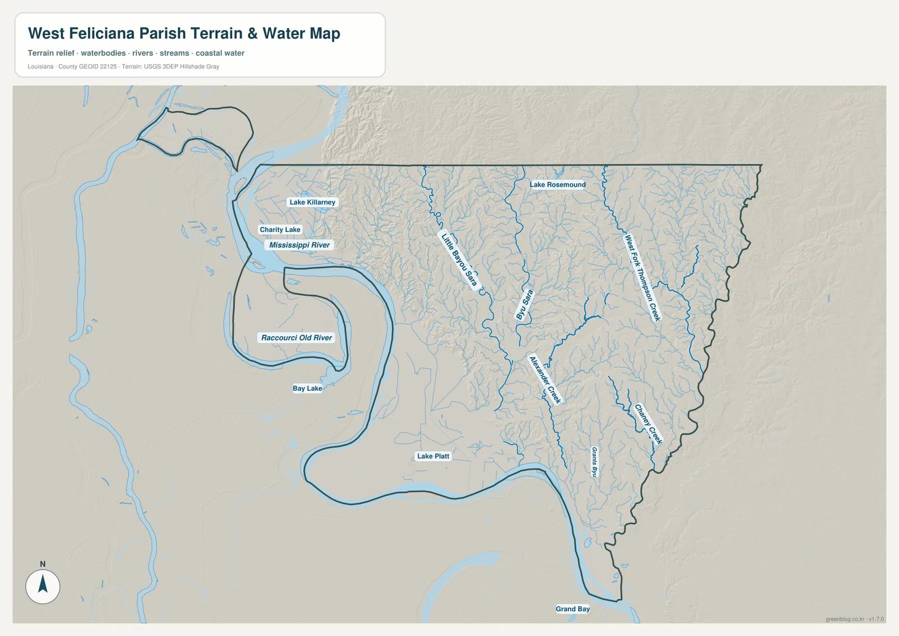West Feliciana Parish water map showing the Mississippi River, Raccourci Old River, Bayou Sara, Little Bayou Sara, Little Fork Thompson Creek, Alexander Creek, and Lake Rosemound
