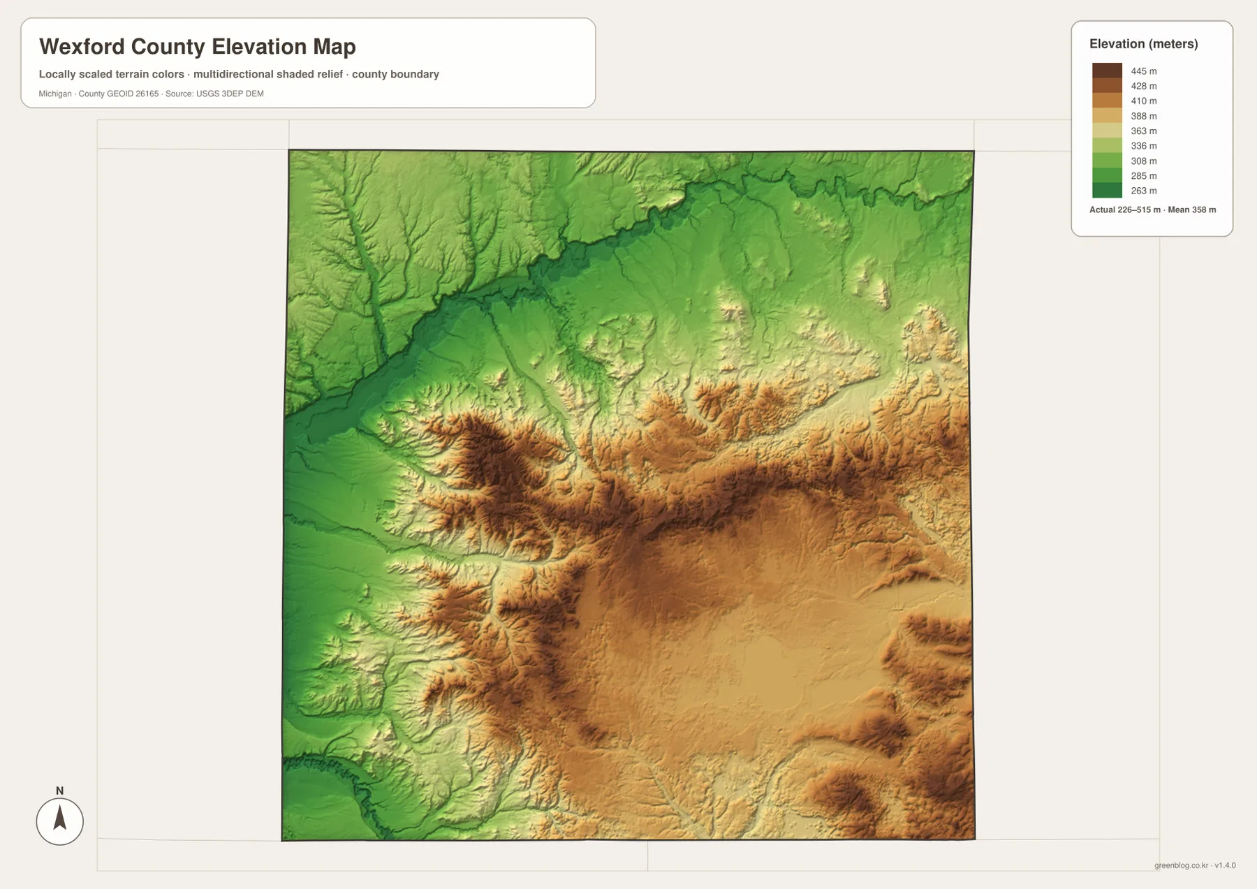 Wexford County elevation map showing the 226–515 meter range, lower northern river valleys, and high central uplands