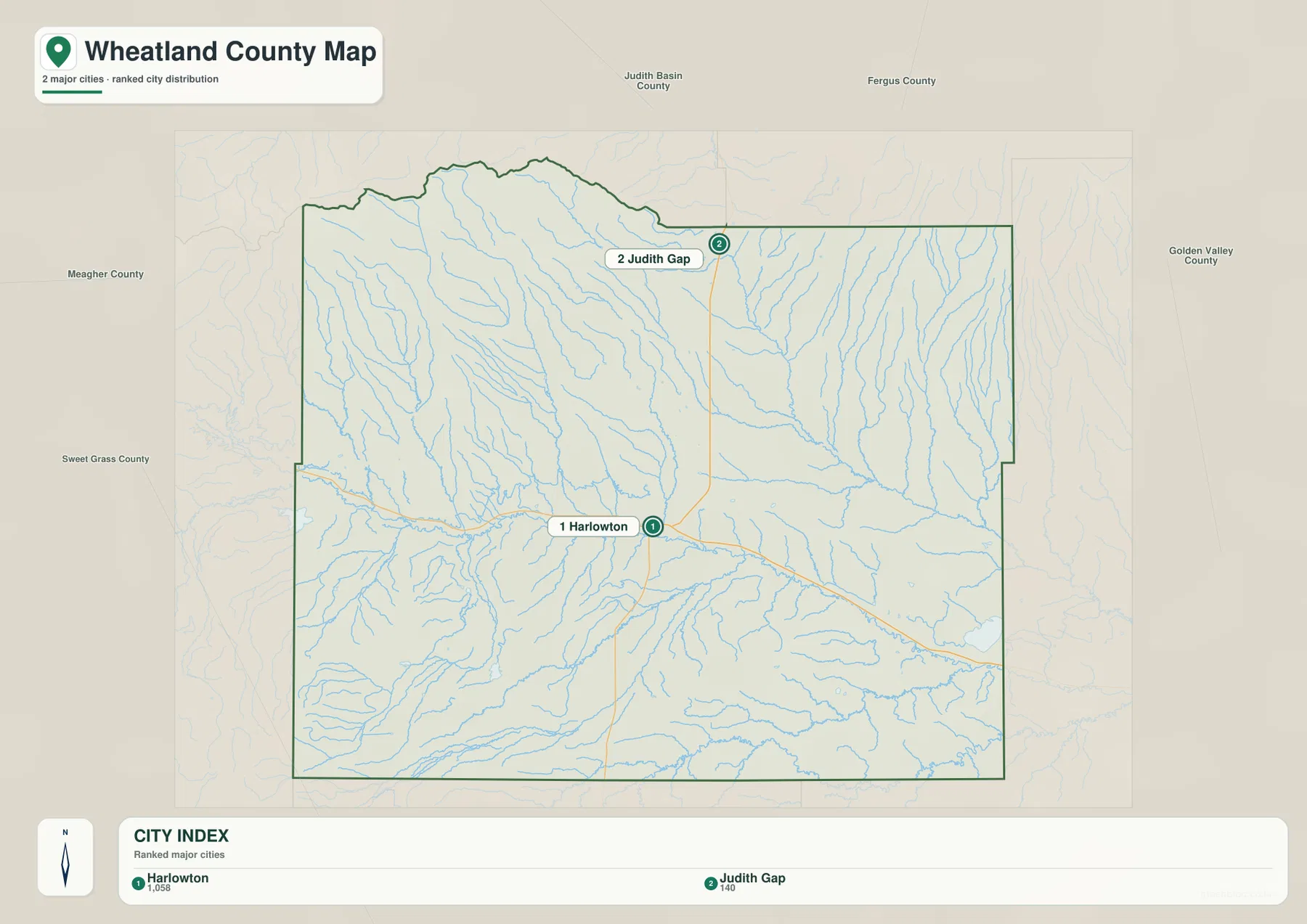 Wheatland County city map highlighting Harlowton and Judith Gap