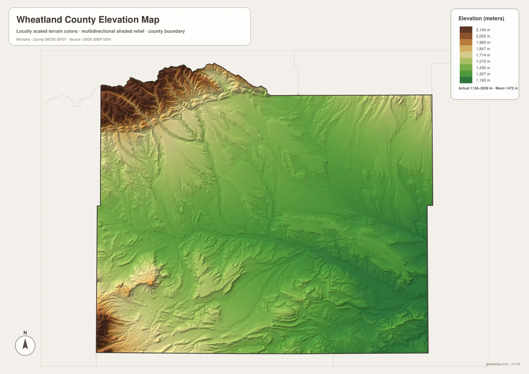 Wheatland County elevation map showing the low central valley and high northwestern and southwestern terrain