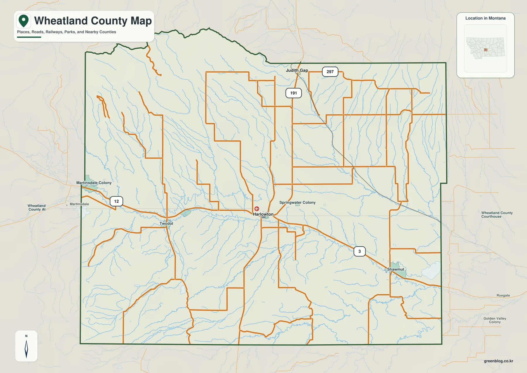Wheatland County Montana map showing Harlowton, Judith Gap, Two Dot, Shawmut, and major roads