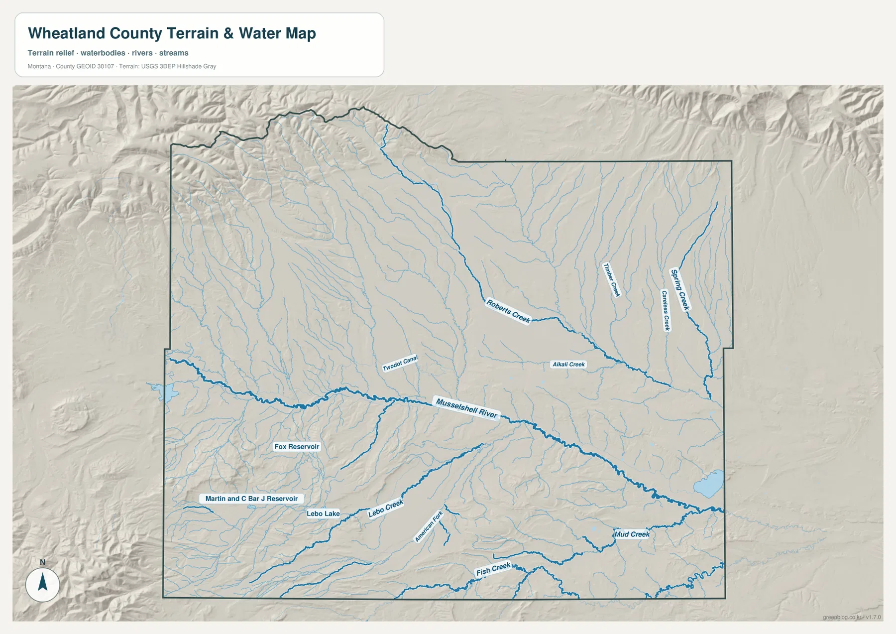 Wheatland County terrain and water map showing the Musselshell River, Roberts Creek, Lebo Creek, and American Fork