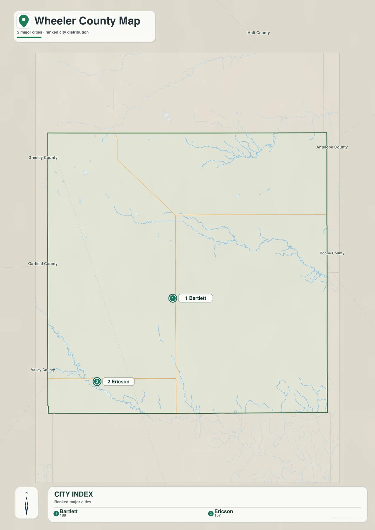 Wheeler County city map showing Bartlett and Ericson as the two ranked communities