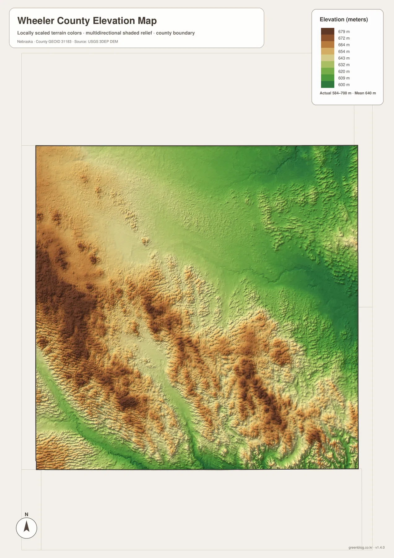 Wheeler County elevation map showing higher southwestern Sandhills and lower northeastern terrain