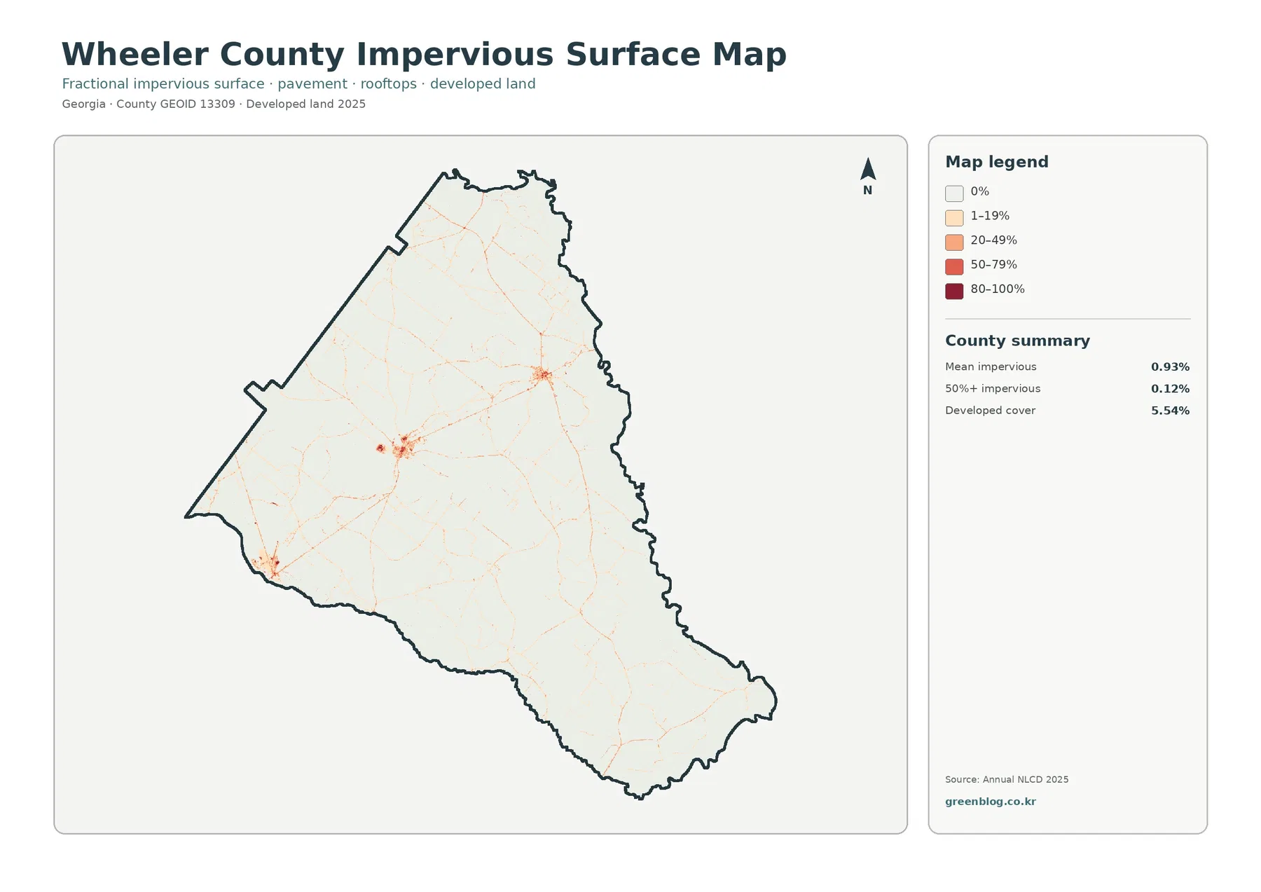 Wheeler County impervious surface and developed land map