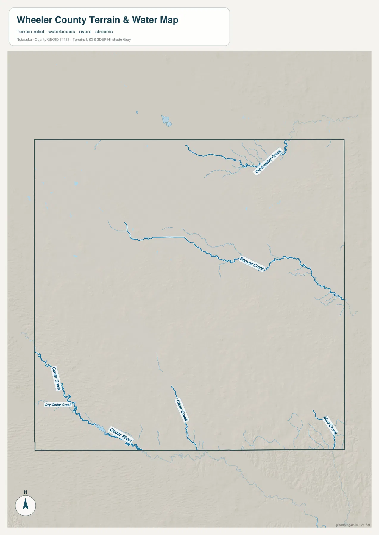 Wheeler County water map showing Beaver Creek, Clearwater Creek, Cedar River, Cedar Creek, Clear Creek and Trail Creek