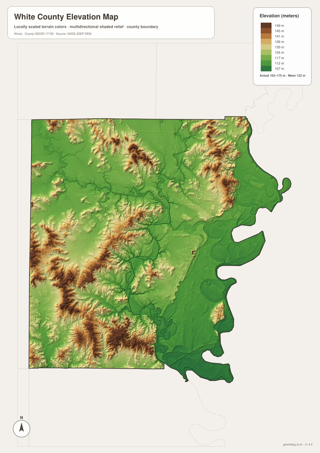 White County Illinois elevation map showing 102 to 175 meter relief, western ridges, and eastern lowlands