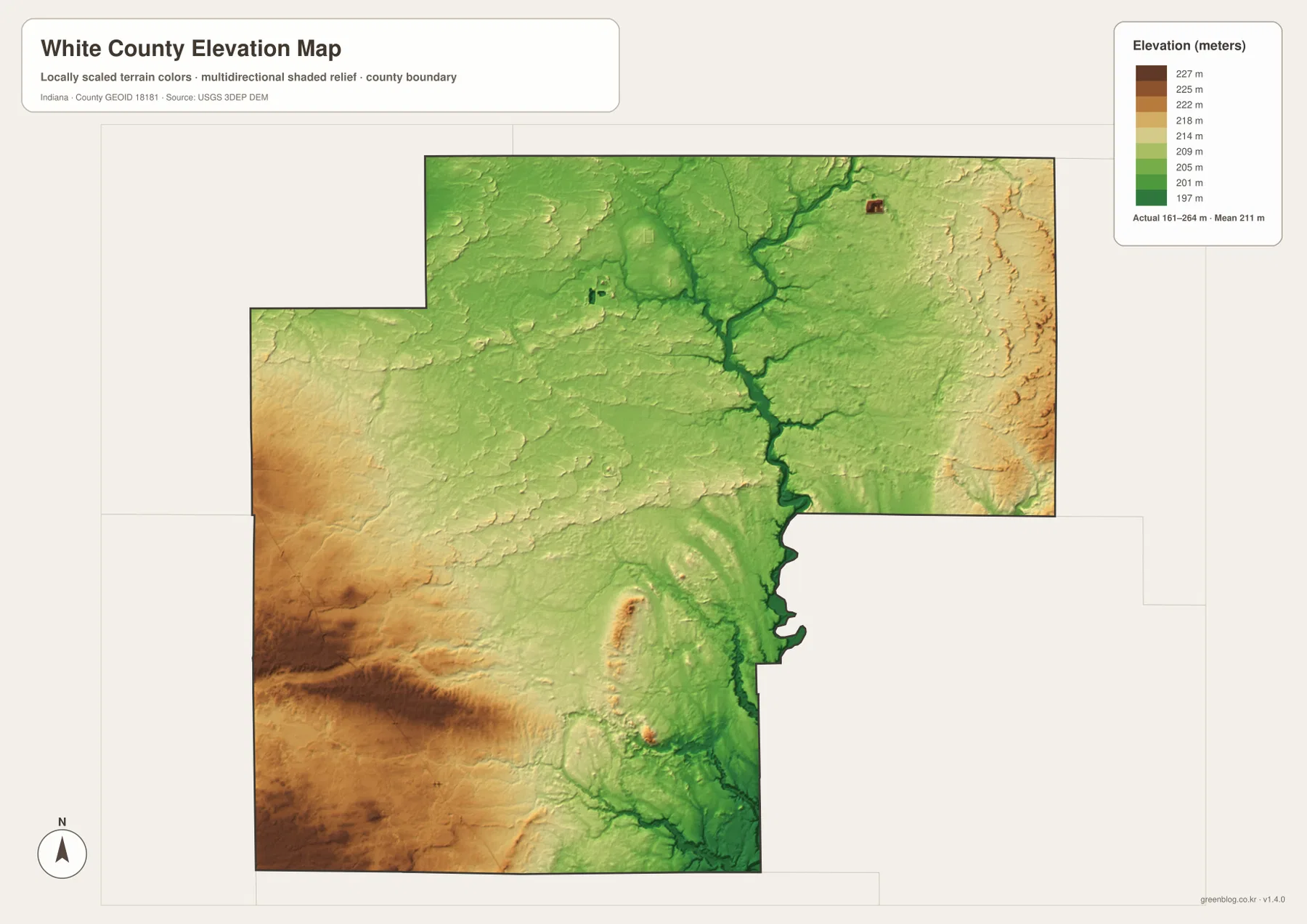 Elevation map of White County Indiana showing lower Tippecanoe River corridors and higher western terrain