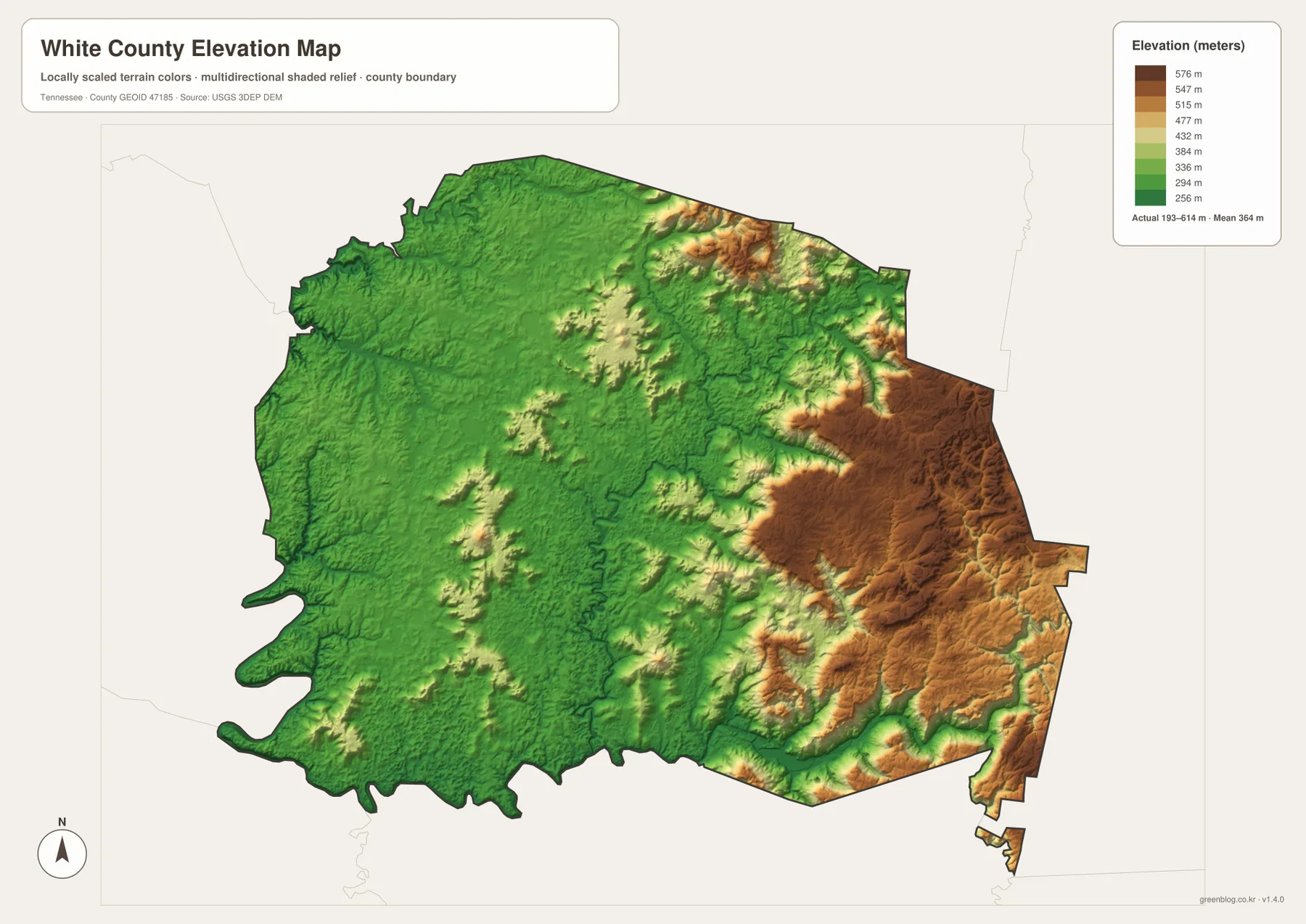 White County Tennessee elevation map showing lower Sparta terrain and eastern plateau relief from about 193 to 614 meters