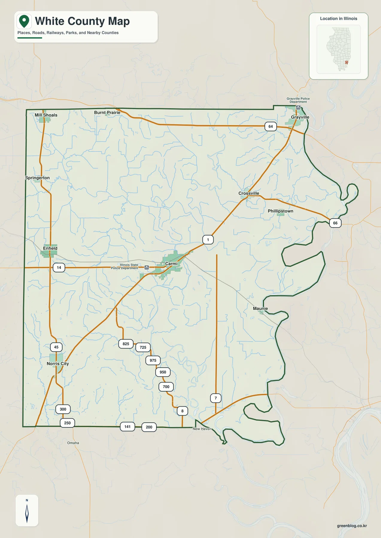 White County Illinois general map showing Carmi, Grayville, Norris City, major roads, waterways, and boundary