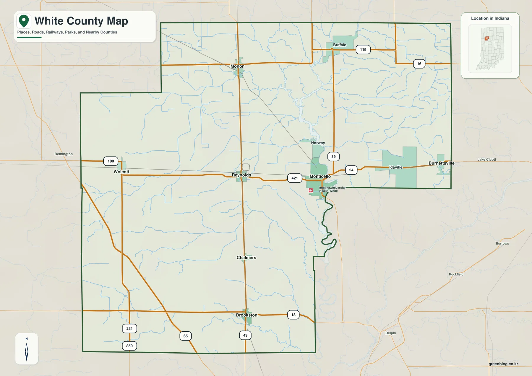 Map of White County Indiana showing Monticello, roads, waterways, railways, and the county boundary