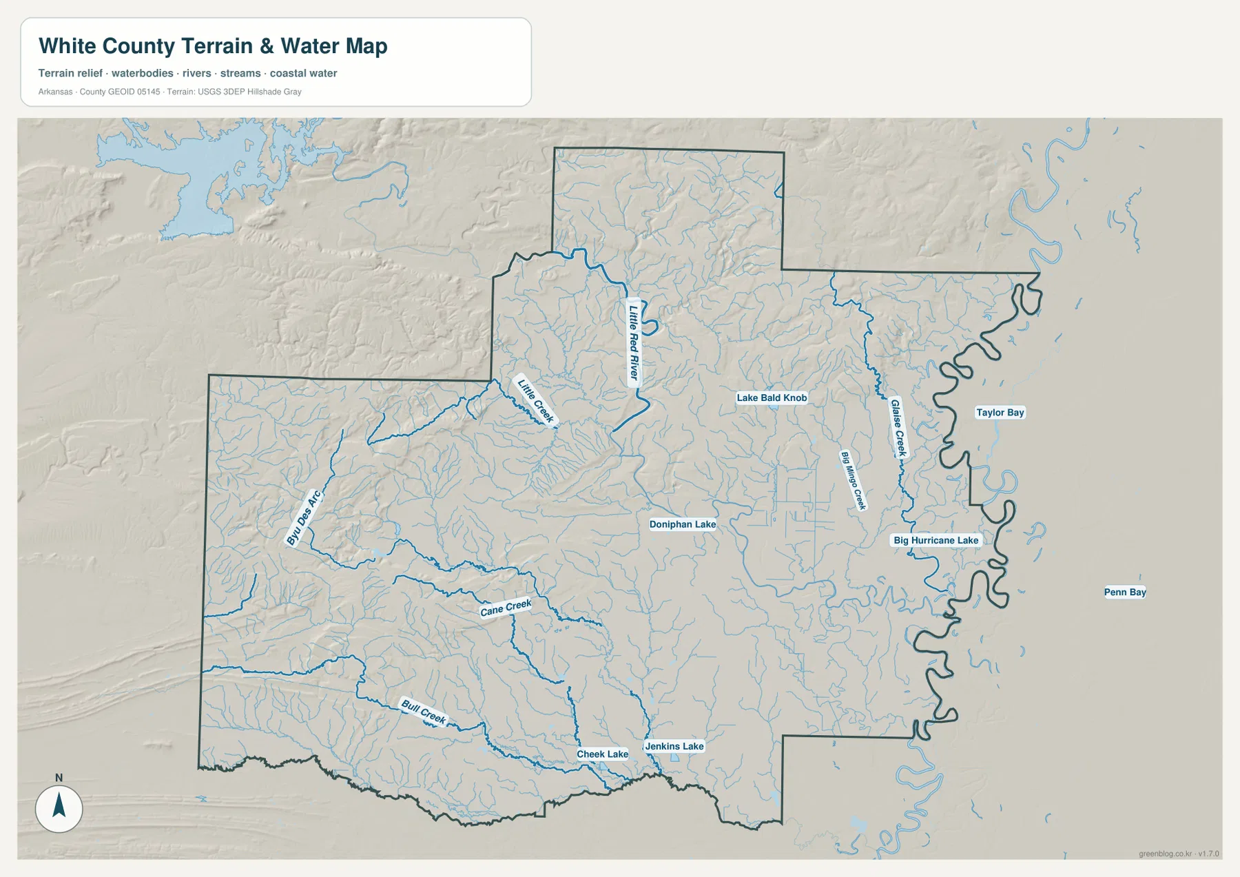Little Red River, Bayou Des Arc, Cane Creek, Big Mingo Creek와 여러 호수가 표시된 화이트 카운티 지형 수역 지도
