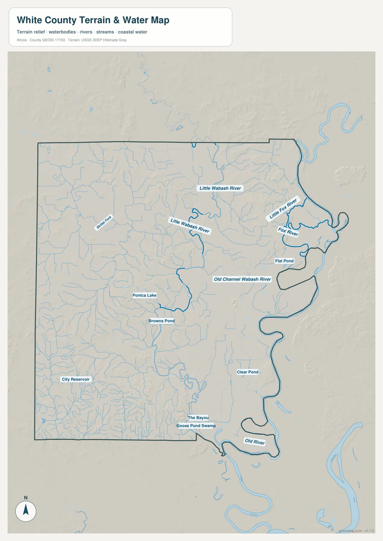 White County Illinois terrain and water map showing Little Wabash River, Fox River, Skillet Fork, ponds, and old Wabash channels