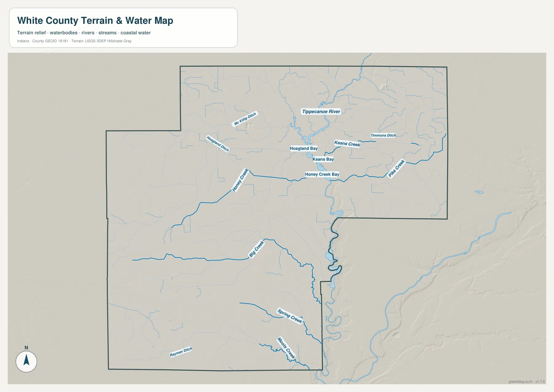 White County Indiana terrain and water map showing the Tippecanoe River and named creeks and ditches