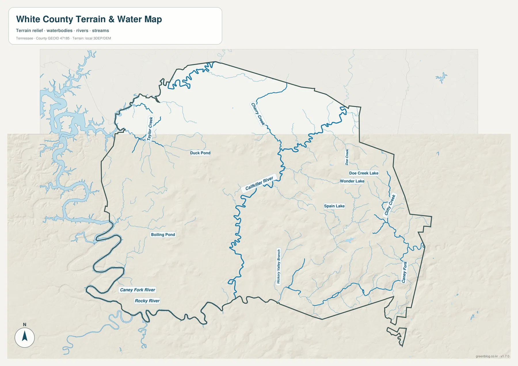 White County water map showing Calfkiller River, Caney Fork River, Rocky River, Clifty Creek, and small lakes