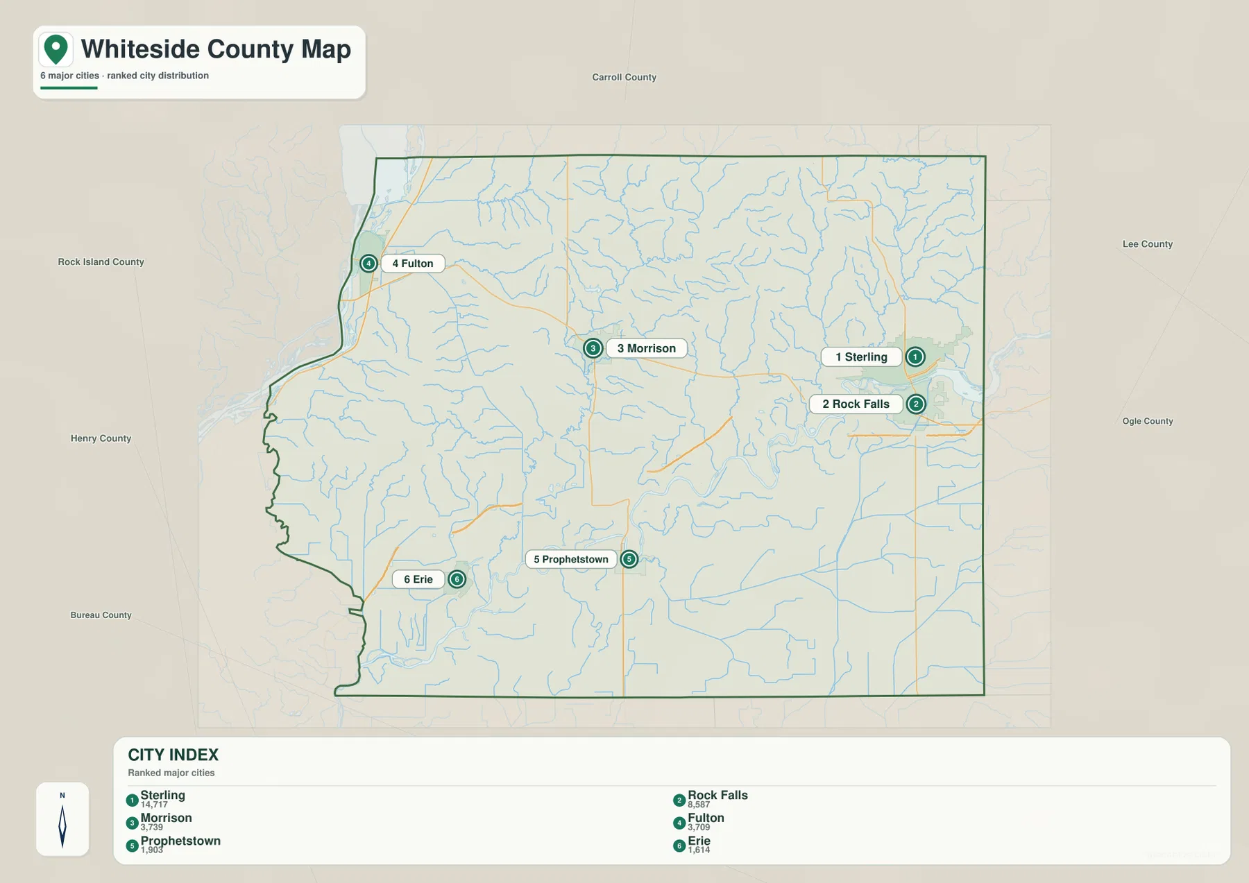 Whiteside County city map showing Sterling, Rock Falls, Morrison, Fulton, Prophetstown and Erie