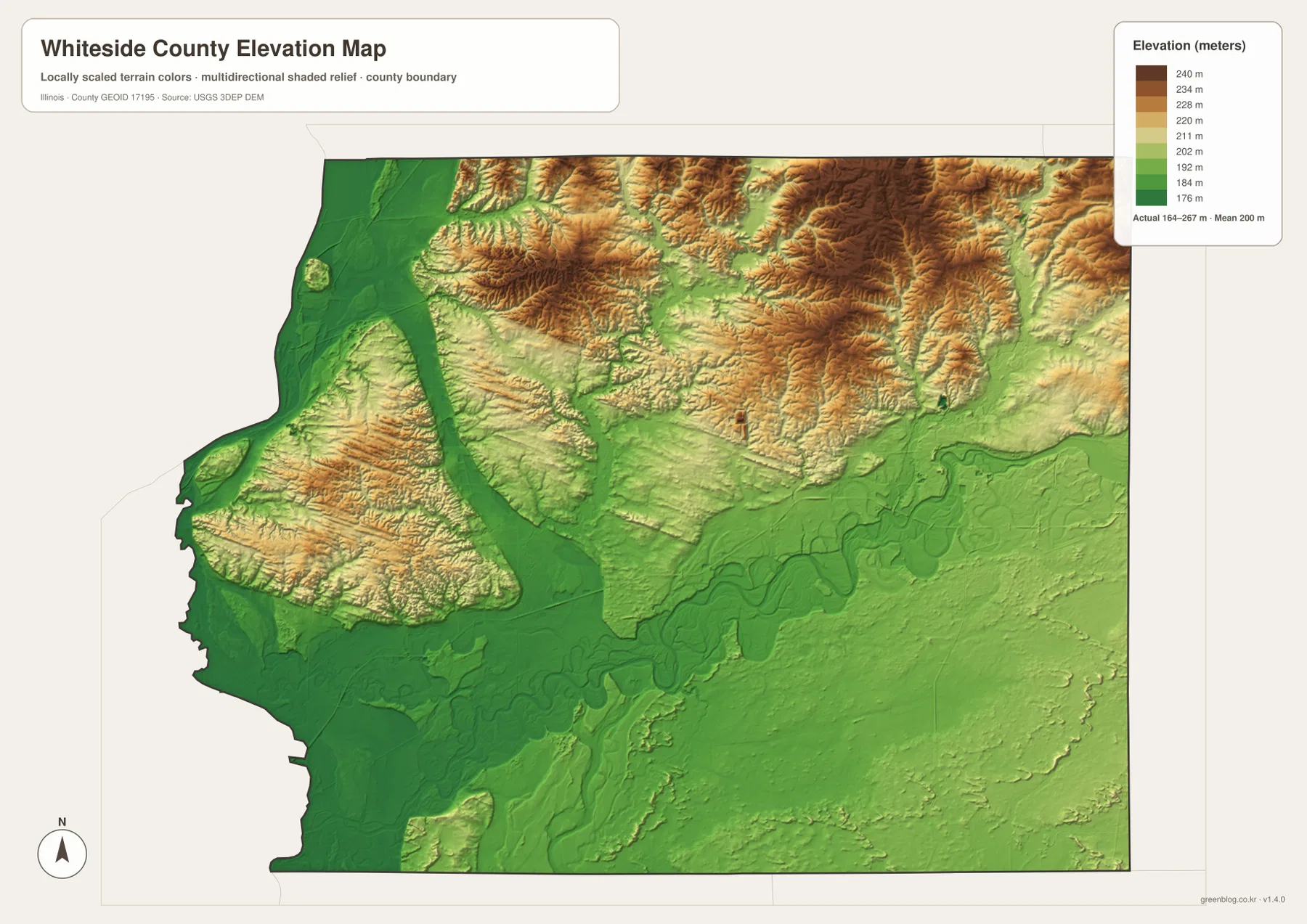 Whiteside County elevation map showing 164 to 267 meter relief, northern hills and Rock River lowlands